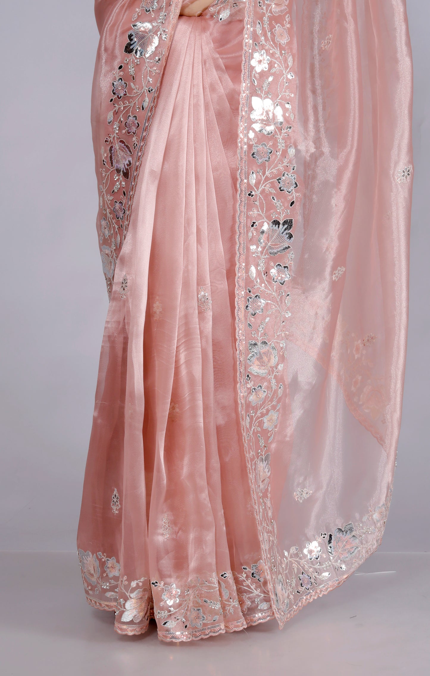 GLOSSY TISSUE ZARI EMBROIDERY BORDER PEACH SAREE BY SKFBHOLUBHAI