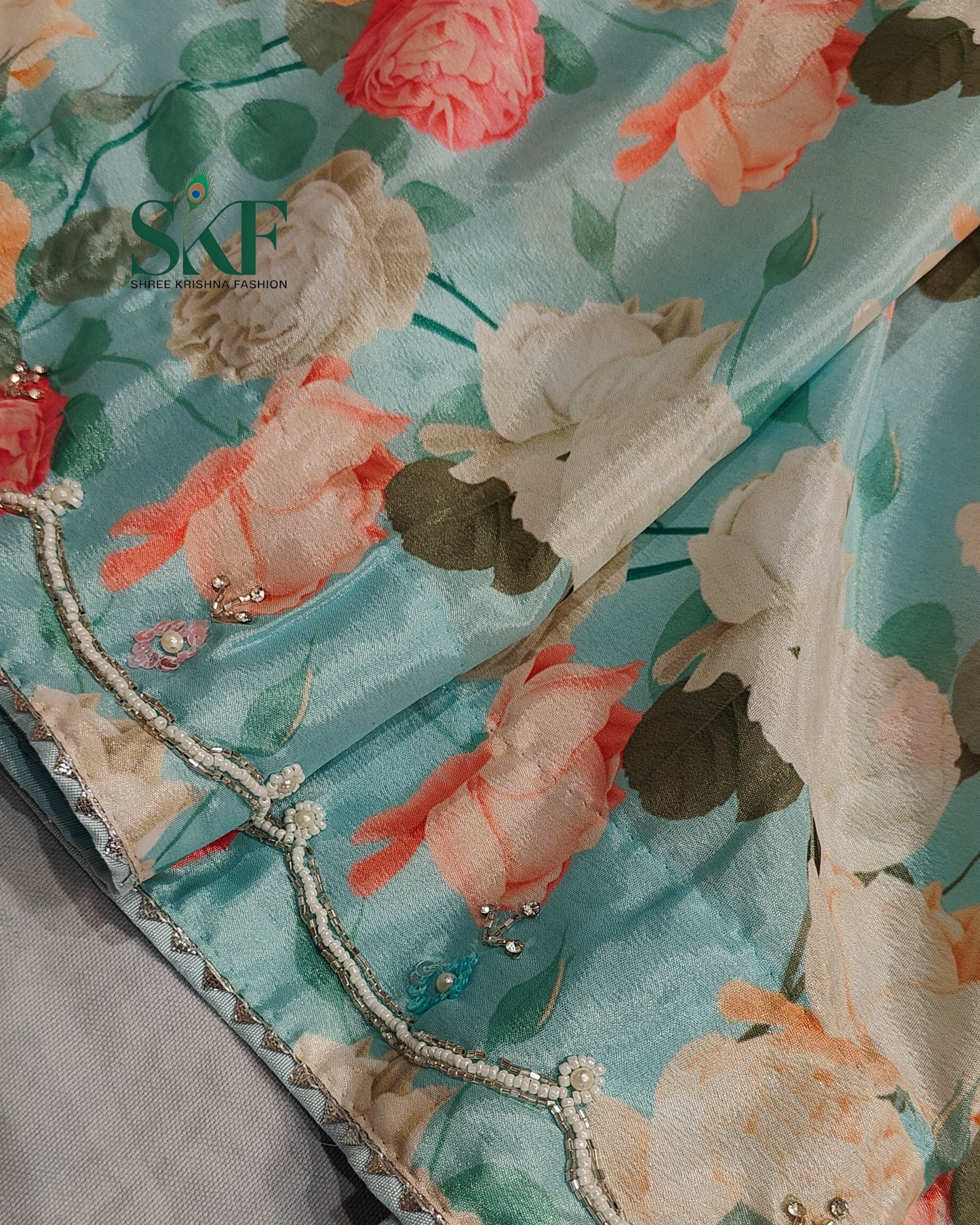 CHINON FLORAL DIGITAL PRINT HANDWORK SEEGREEN SAREE BY SKFBHOLUBHAI