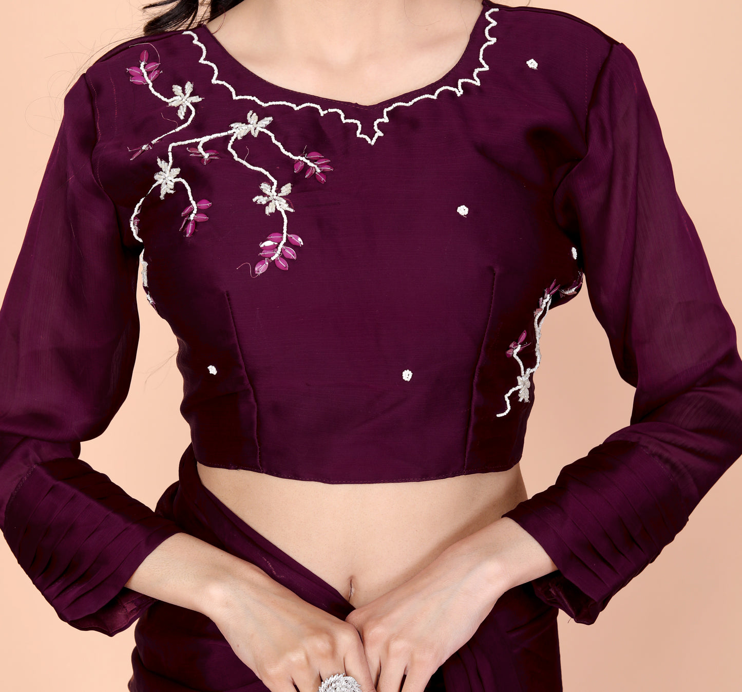 CHINON CREPE HAND BEADED WORK STICH BLOUSE WINE SAREE BY SKFBHOLUBHAI