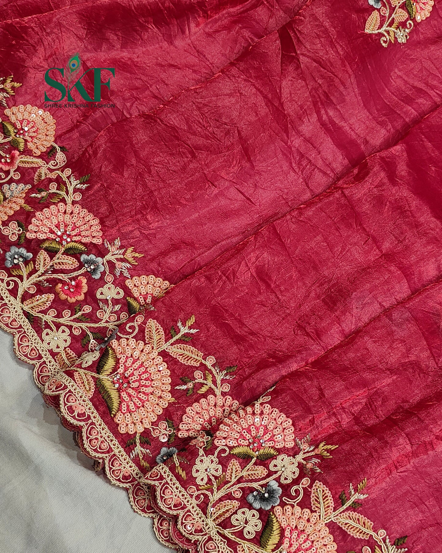 CRUSH TISSUE SIPPI SEQUENCE EMBROIDERY WORK BURGENDY SAREE BY SKFBHOLUBHAI