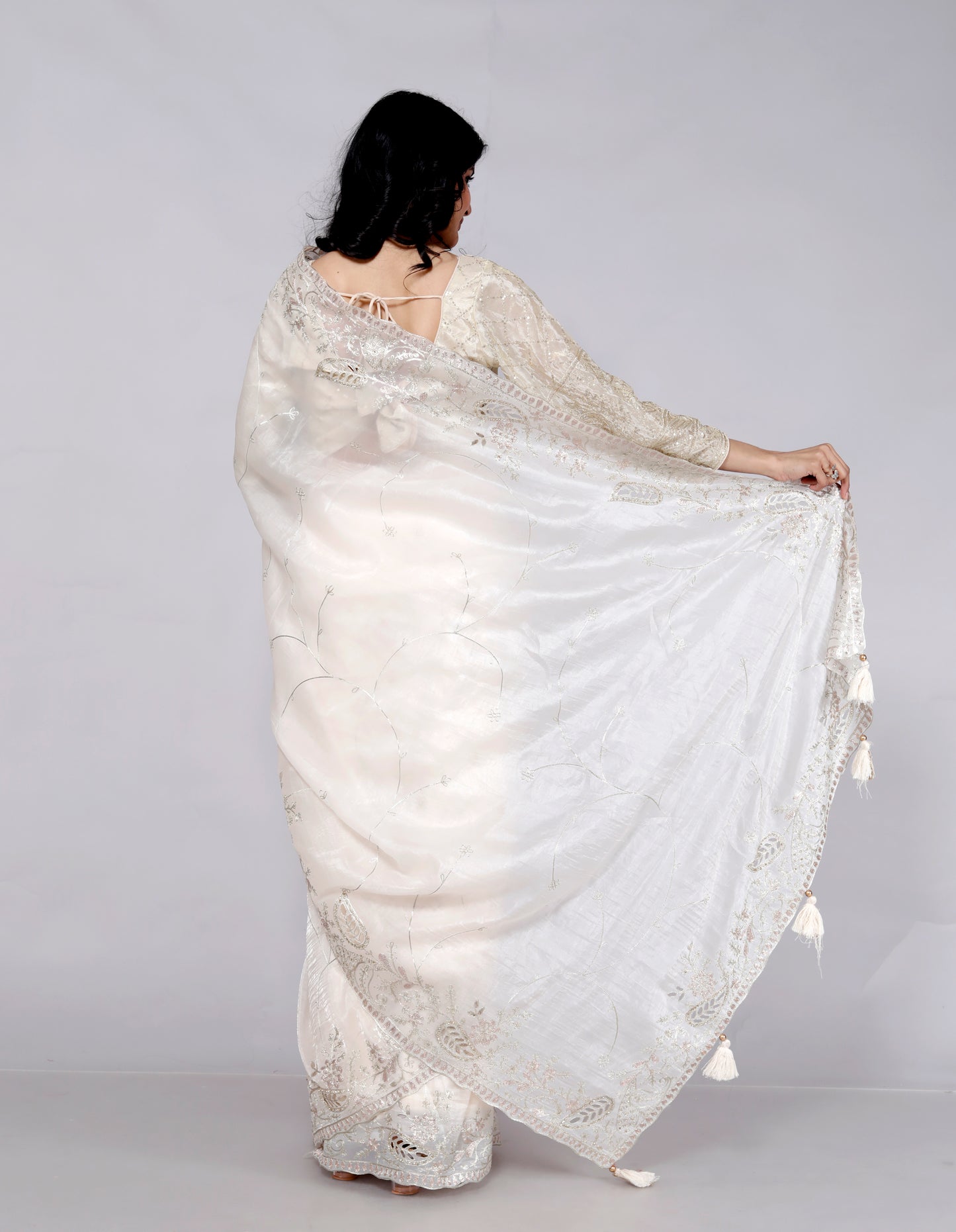 GLOSSY TISSUE CUTWORK BORDER JAAL EMBROIDERY IVORY SAREE BY SKFBHOLUBHAI