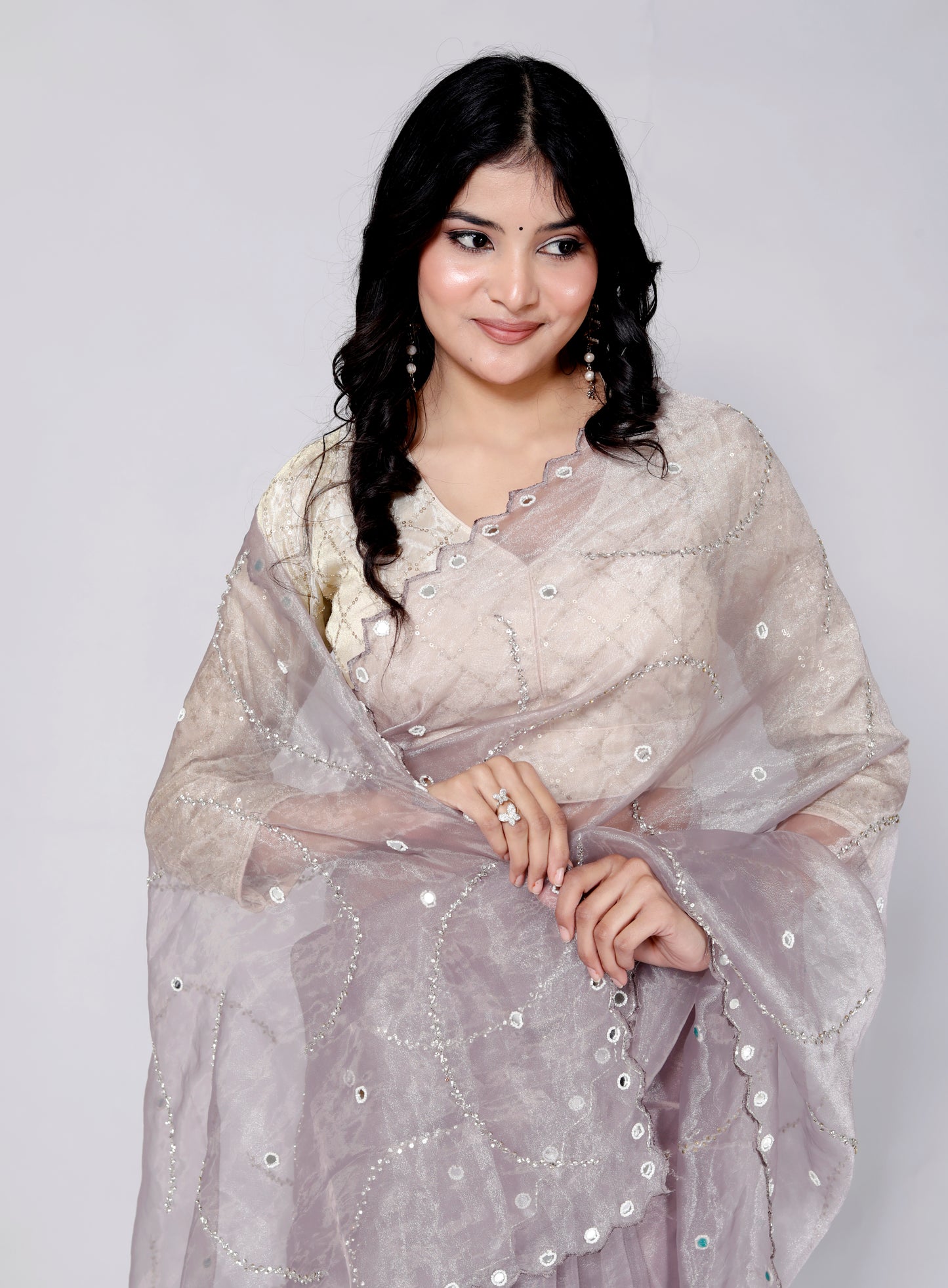 GLOSSY ORGANZA MIRROR AND JERKEN HANDWORK LILAC SAREE BY SKFBHOLUBHAI
