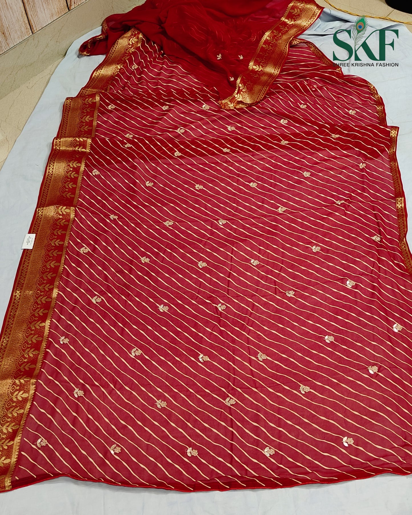 GEORGETTE LEHRIYA GOTTA HANDWORK BUTTY CHERRY RED SAREE BY SKFBHOLUBHAI