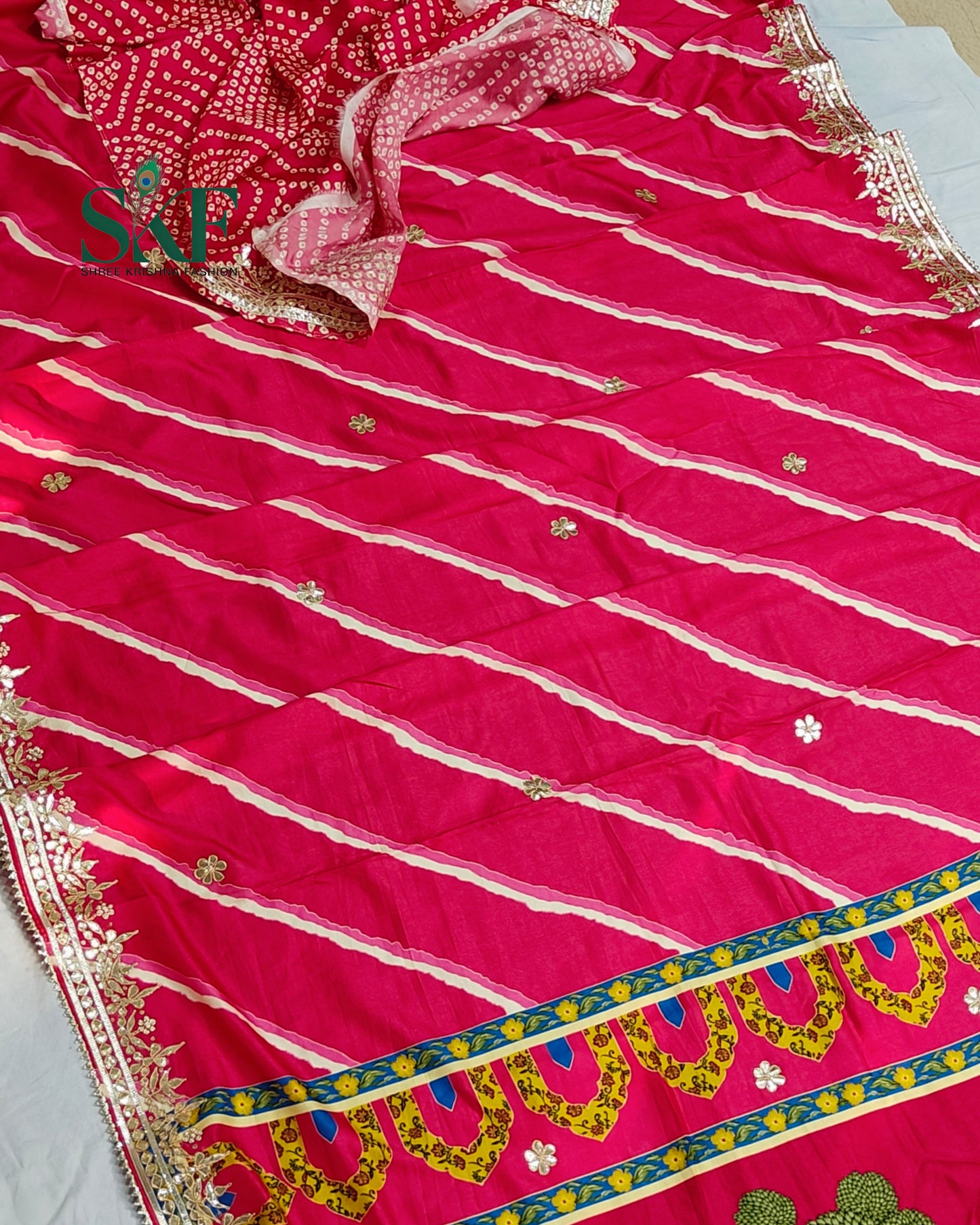 TUSSAR SILK LEHRIYA HAND GOTTA DIGITAL PRINT WORK RANI PINK SAREE BY SKFBHOLUBHAI