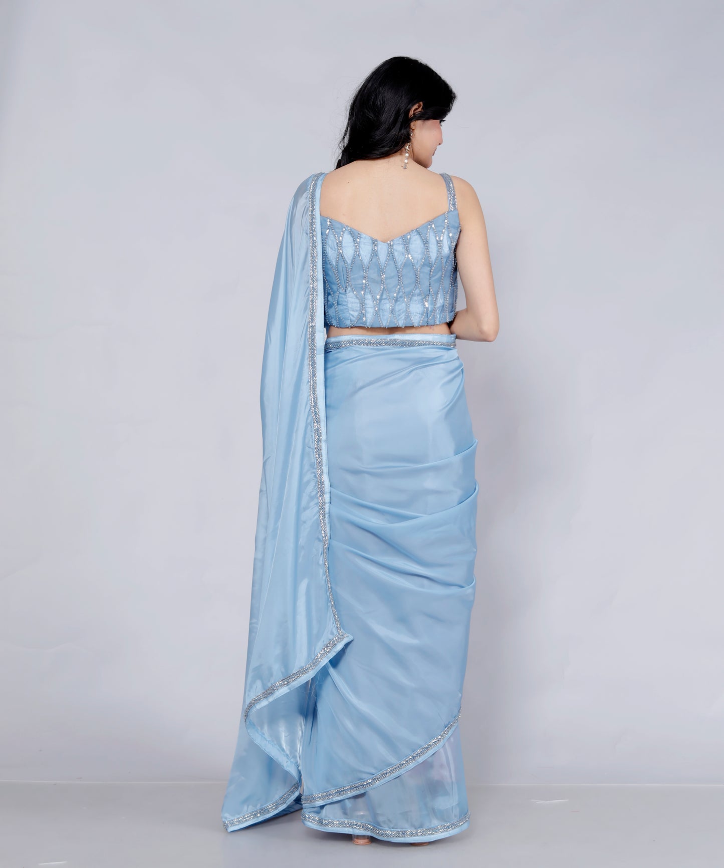 SATIN SILK HANDWORK BORDER STICH BLOUSE ICE BLUE SAREE BY SKFBHOLUBHAI
