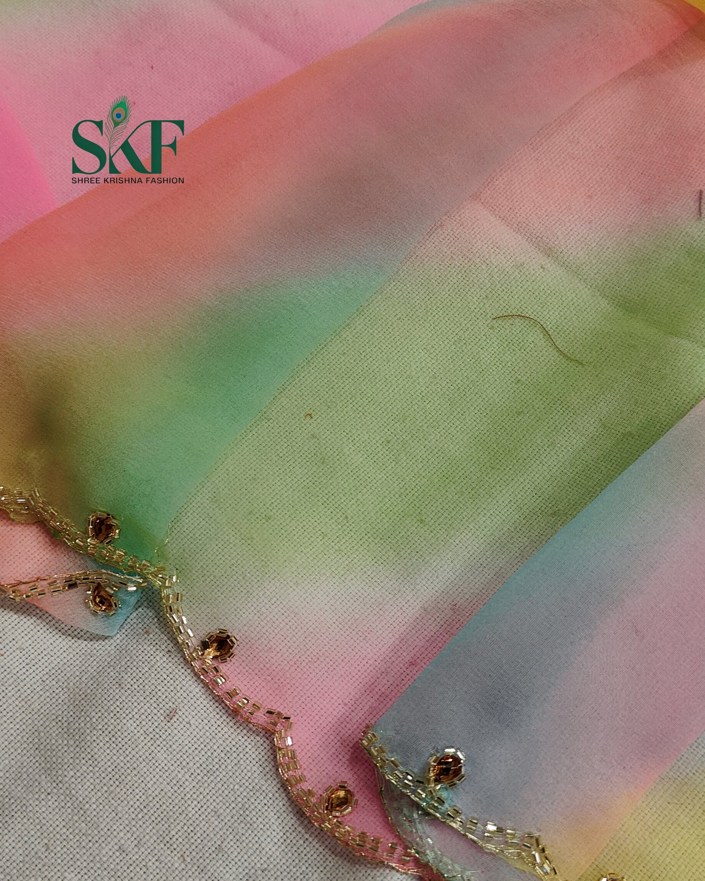 GEORGETTE 30×30 LEHRIYA KUNDAN HANDWORK MULTICOLOUR SAREE BY SKFBHOLUBHAI
