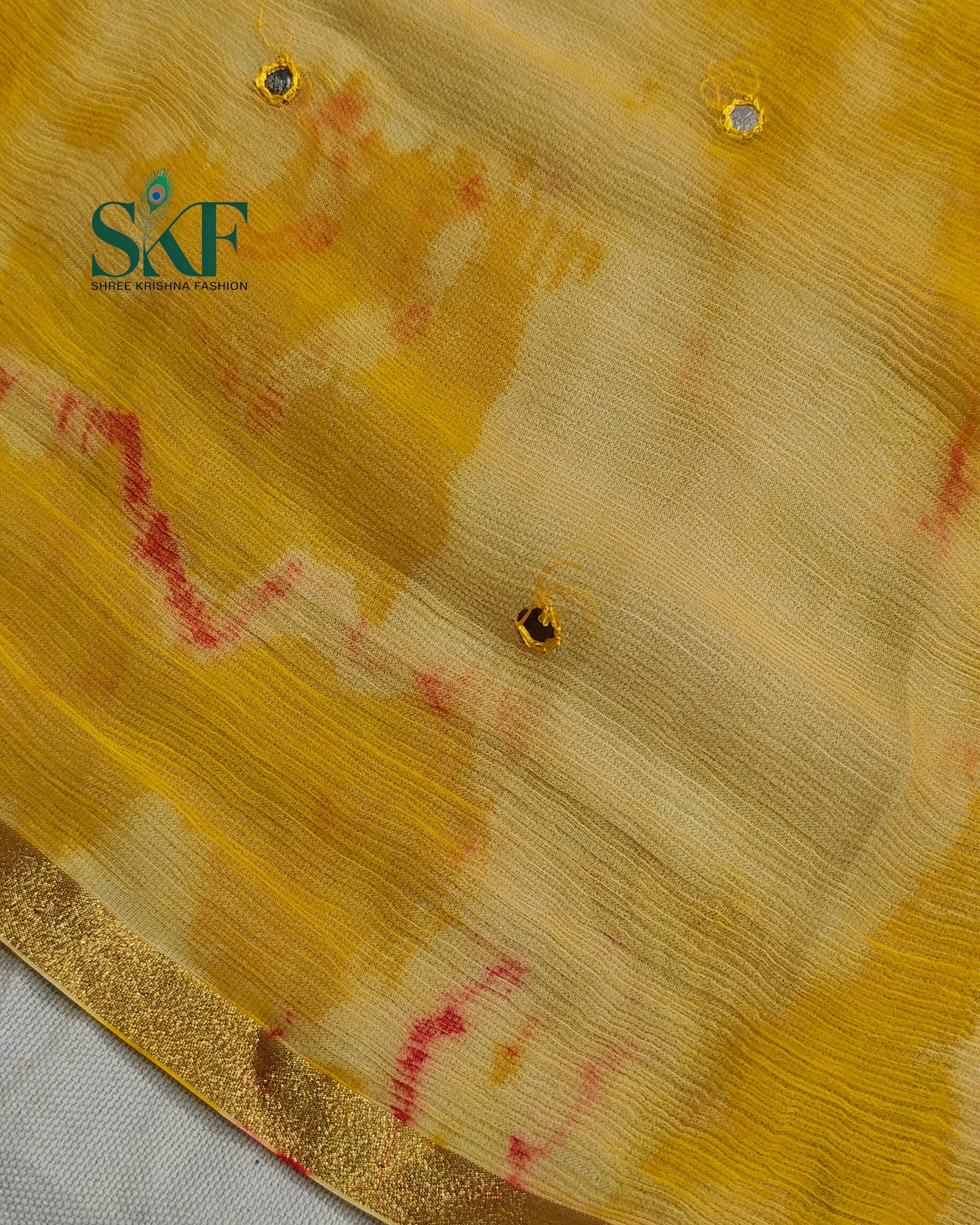 CHIFFON TIEDYE THREAD MIRROR WORK YELLOW SAREE BY SKFBHOLUBHAI