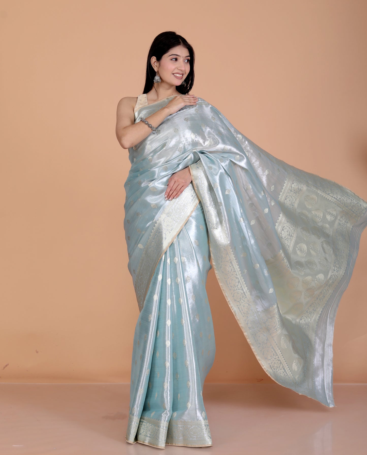 TISSUE SILK BUTTY WEAVING ICE BLUE SAREE BY SKFBHOLUBHAI