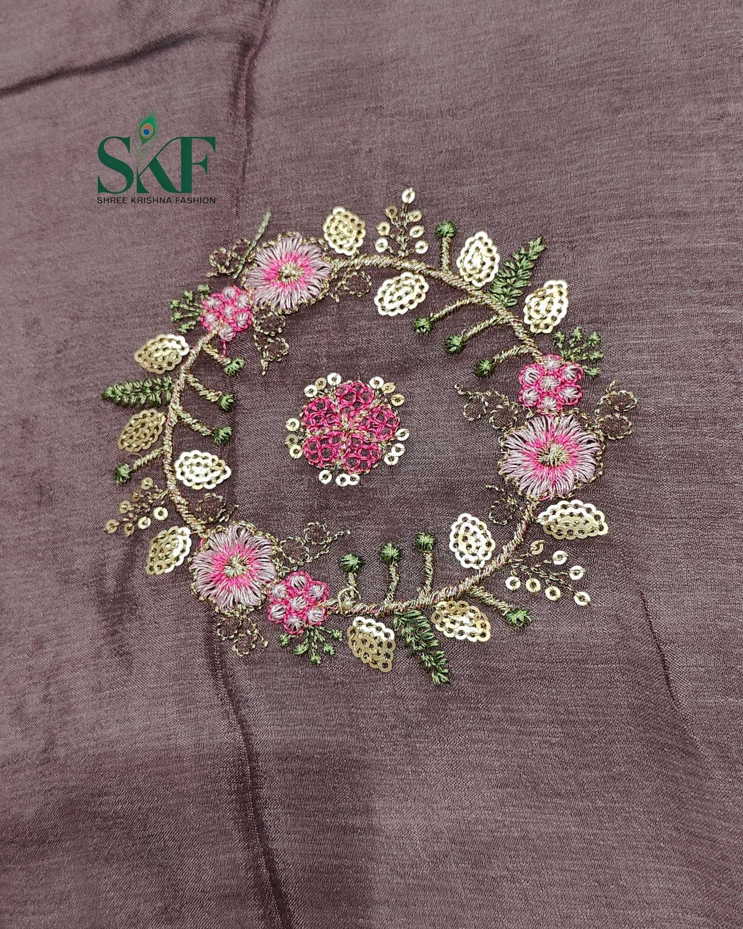 CHINON SEQUENCE EMBROIDERY WEAVING WORK LILAC SAREE BY SKFBHOLUBHAI