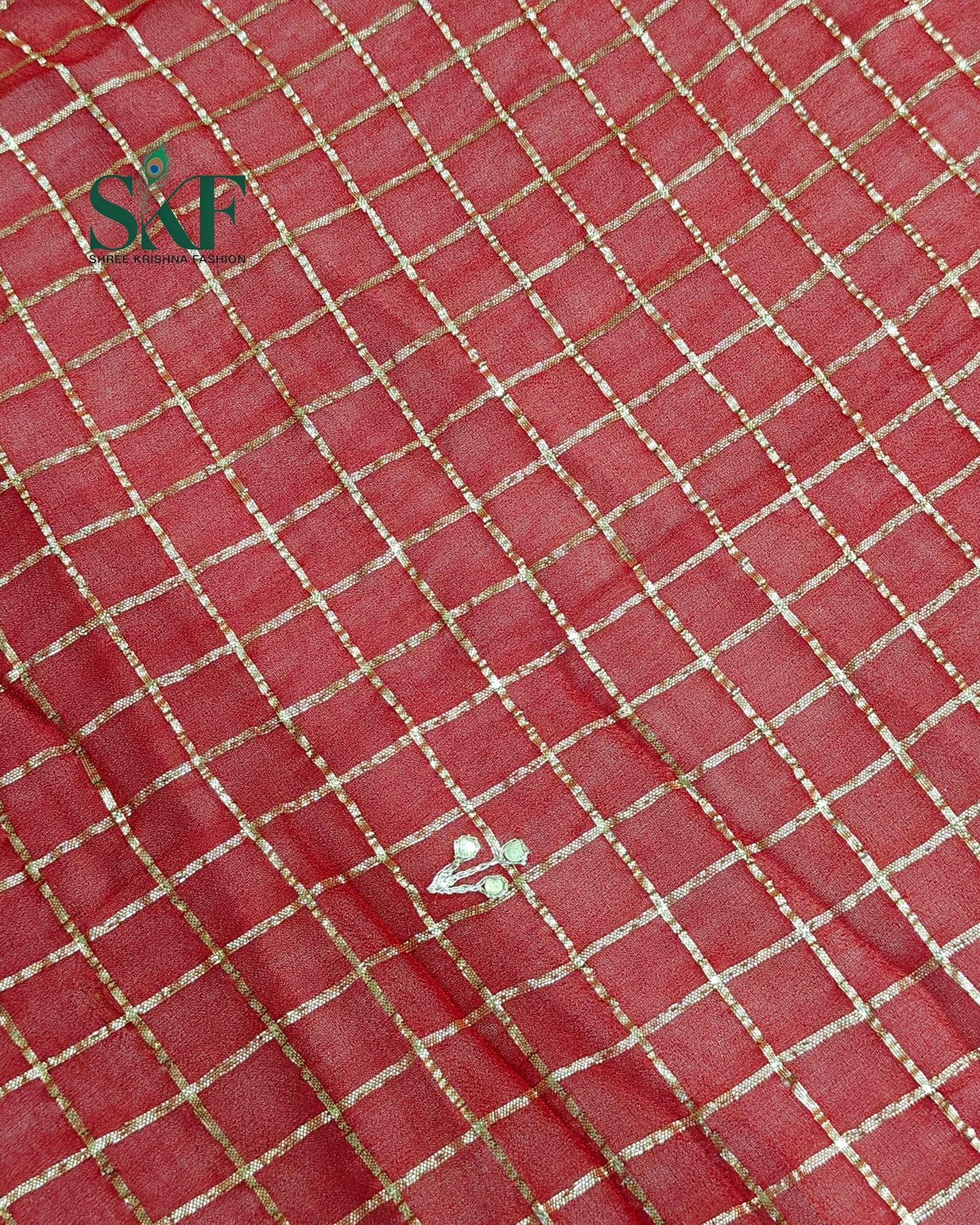 VISCOSS GEORGETTE AARI GOTTA CHEKERD SATIN BORDER WORK RED SAREE BY SKFBHOLUBHAI