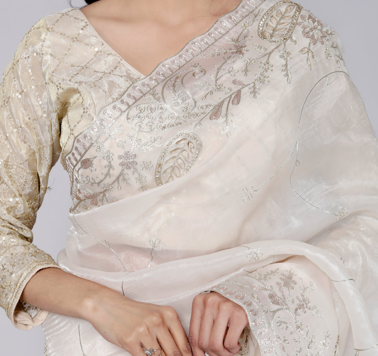 GLOSSY TISSUE CUTWORK BORDER JAAL EMBROIDERY IVORY SAREE BY SKFBHOLUBHAI