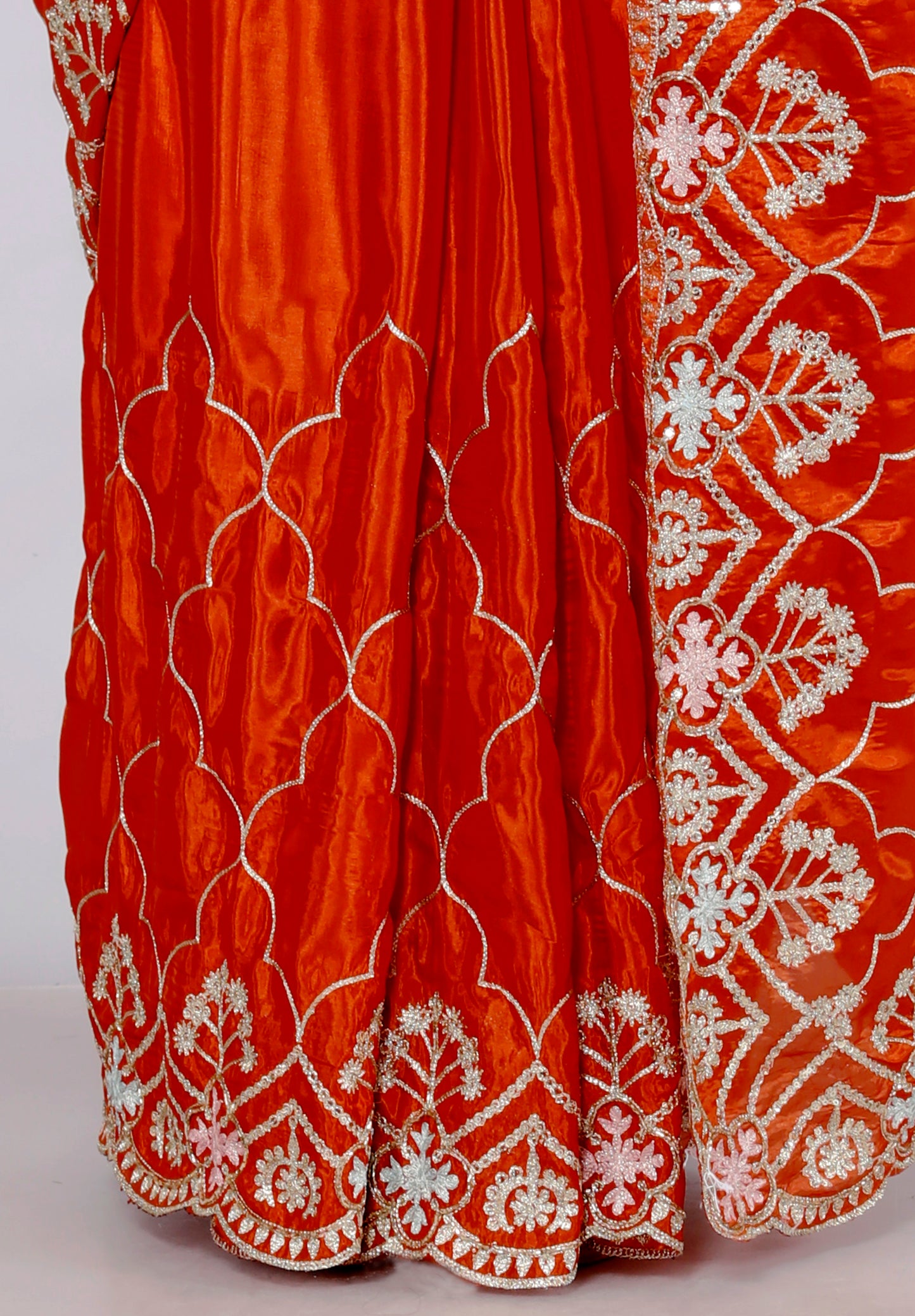 HO SILK ZARI EMBROIDERY HANDWORK JAAL ORANGE RUST SAREE BY SKFBHOLUBHAI