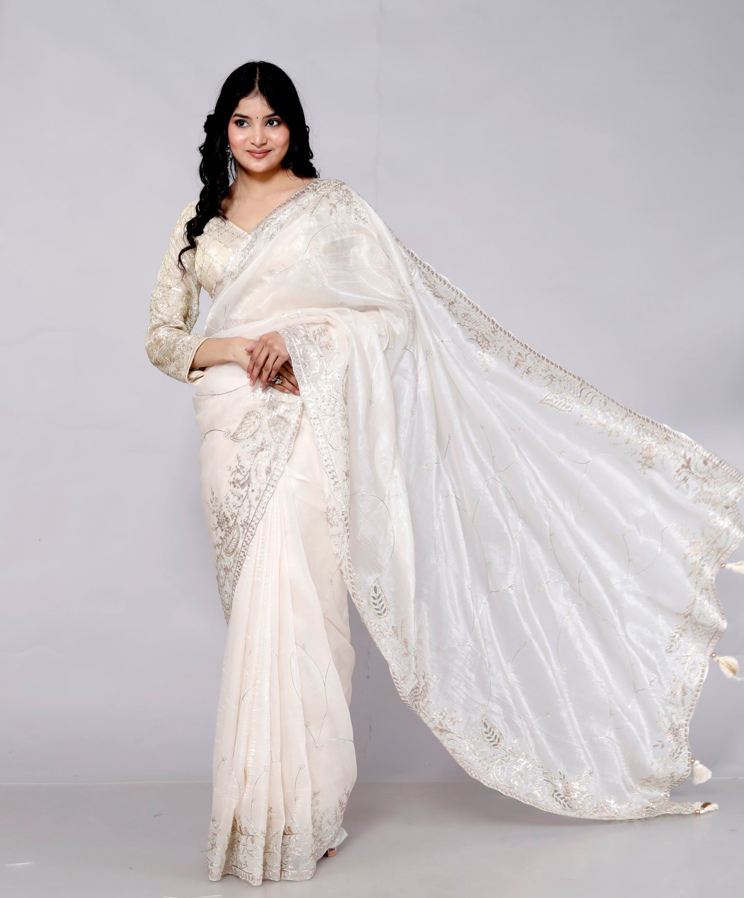 GLOSSY TISSUE CUTWORK BORDER JAAL EMBROIDERY IVORY SAREE BY SKFBHOLUBHAI