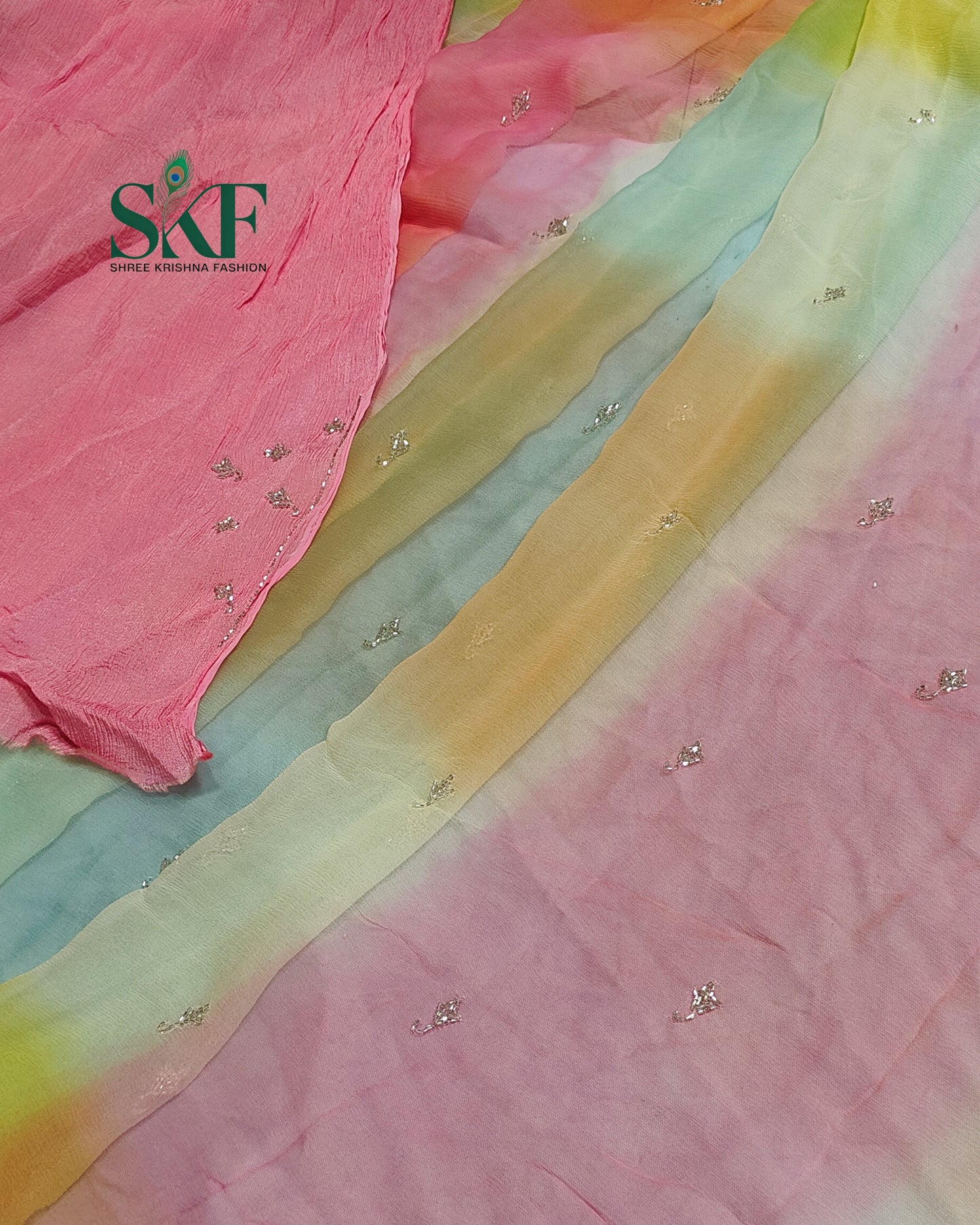 CHIFFON OMBRE DYE KARDANA HANDWORK BUTTY MULTICOLOUR SAREE BY SKFBHOLUBHAI