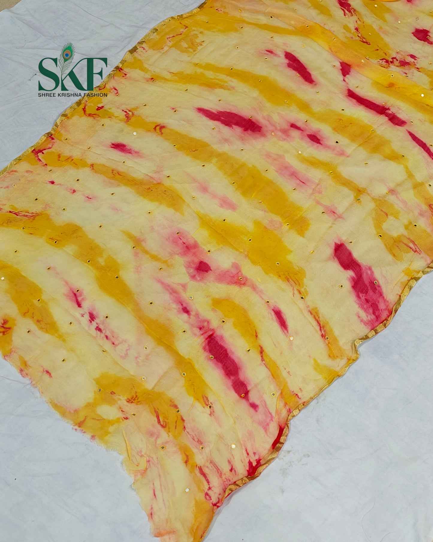 CHIFFON TIEDYE THREAD MIRROR WORK YELLOW SAREE BY SKFBHOLUBHAI