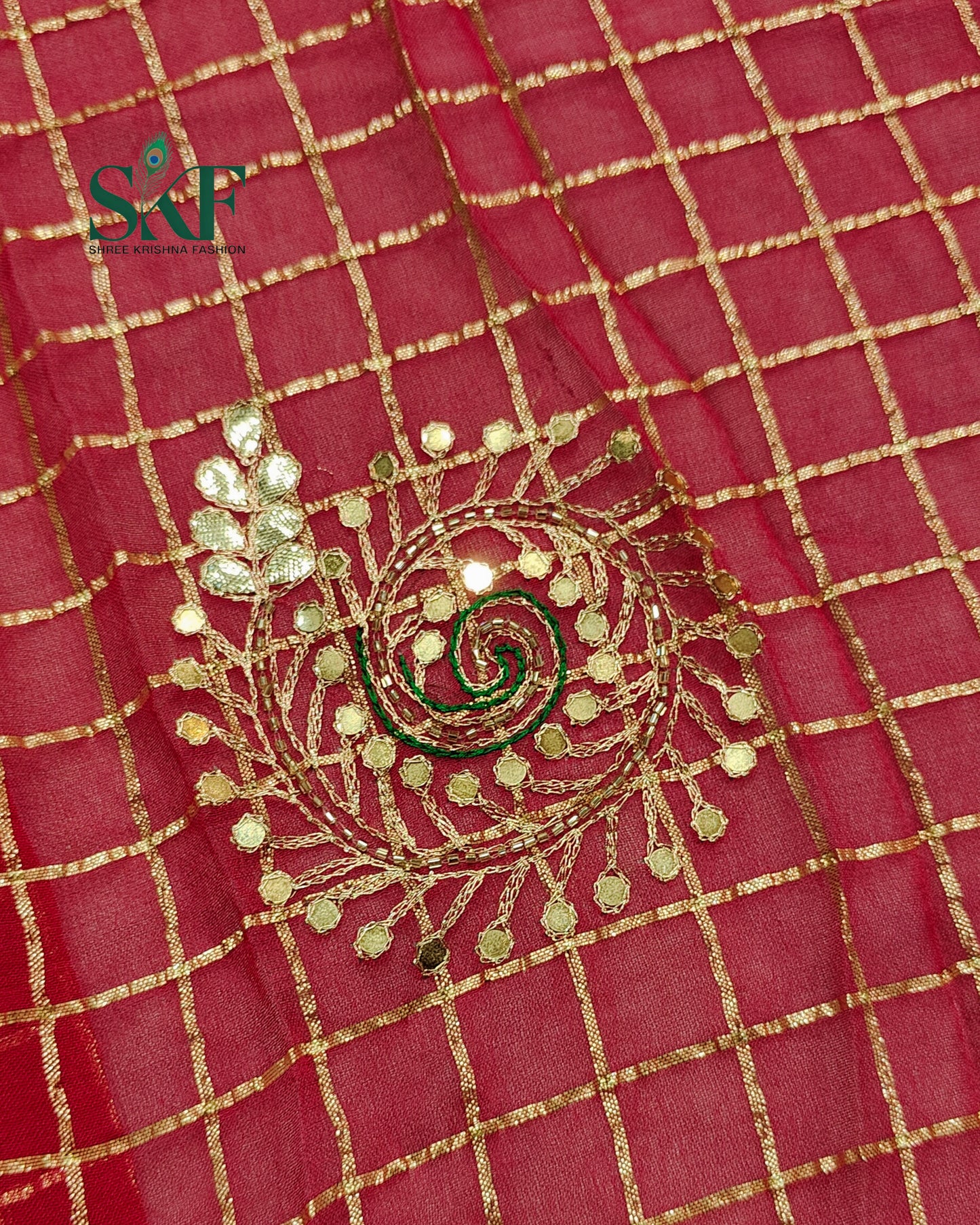 VISCOSS GEORGETTE AARI GOTTA CHEKERD SATIN BORDER WORK RANIPINK SAREE BY SKFBHOLUBHAI