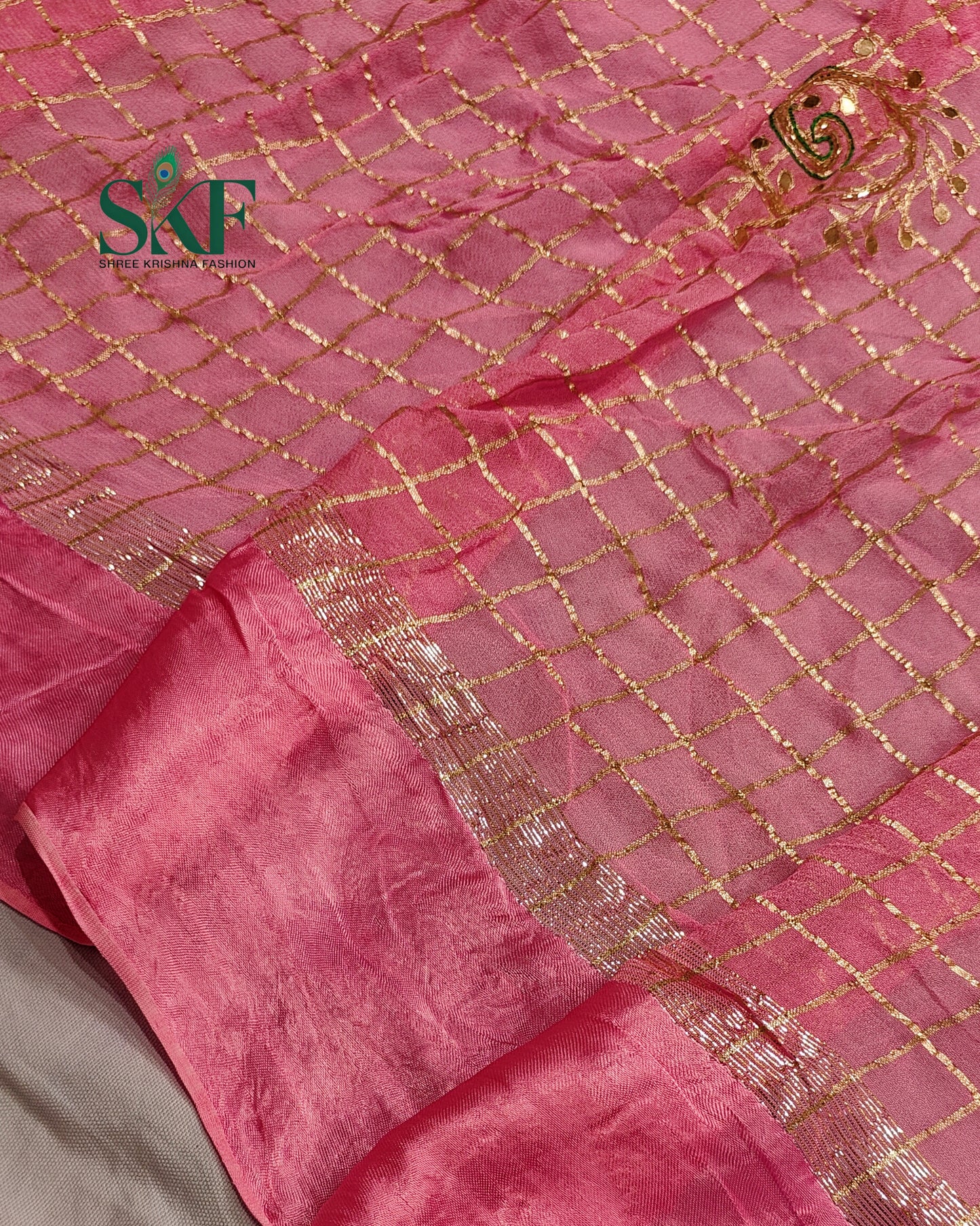 VISCOSS GEORGETTE AARI GOTTA CHEKERD SATIN BORDER WORK BABYPINK SAREE BY SKFBHOLUBHAI
