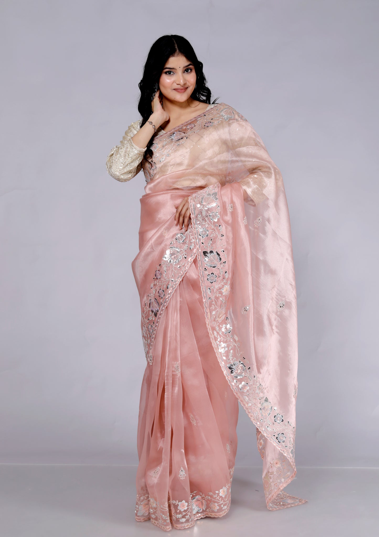 GLOSSY TISSUE ZARI EMBROIDERY BORDER PEACH SAREE BY SKFBHOLUBHAI