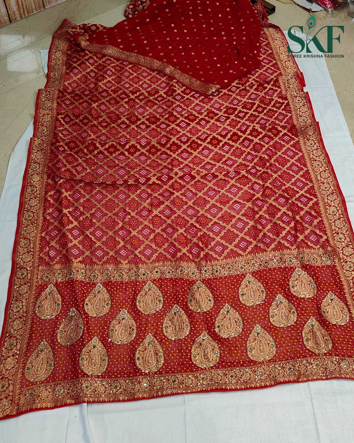 KHADI NEEM JARI GEORGETTE BHANDHANI GREEN STONE ZARDOZI HANDWORK SAREE BY SKFBHOLUBHAI