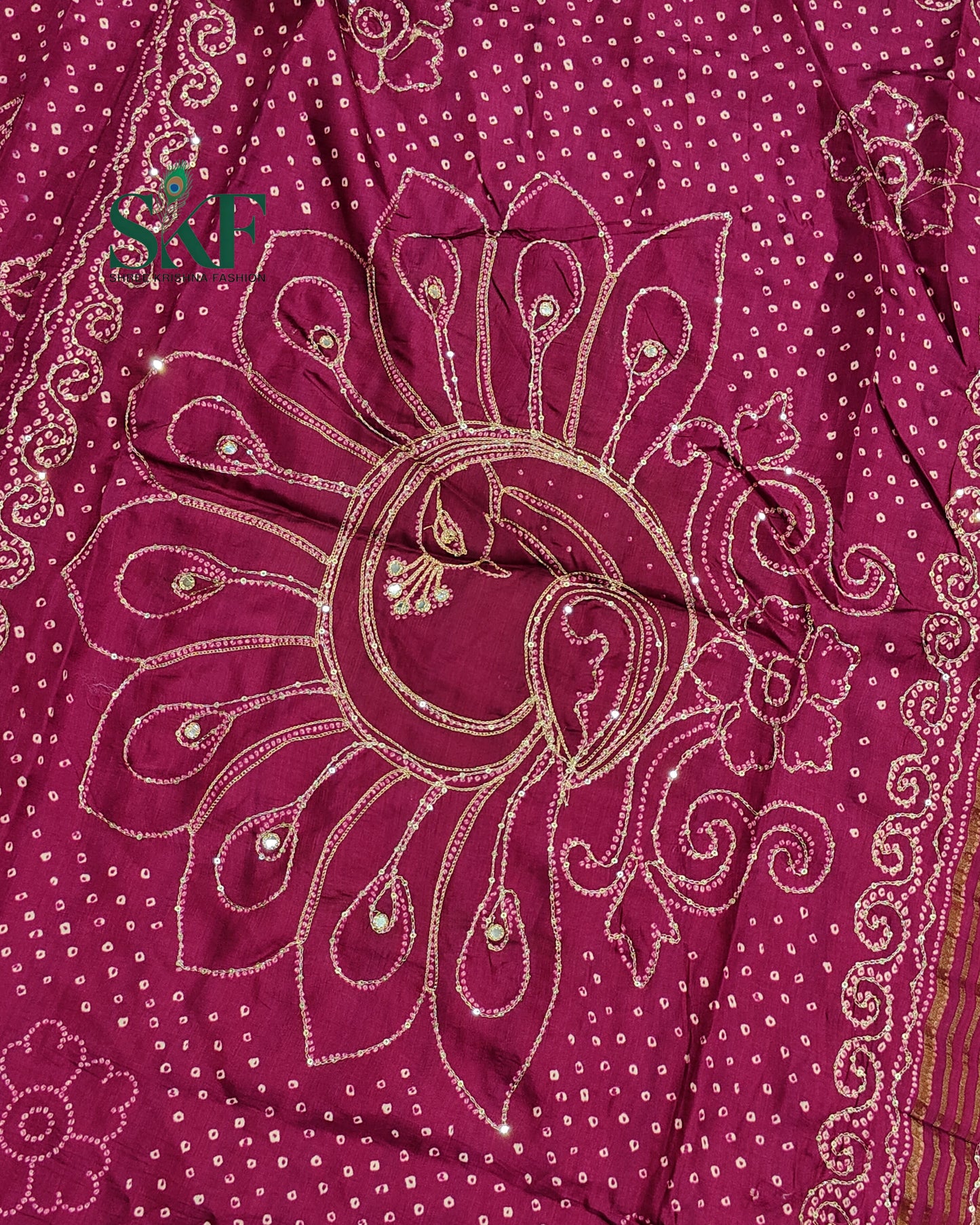 HO SILK BHANDHANI PEACOCK MOTIF AARI AND SEQUENCE WORK WINE SAREE BY SKFBHOLUBHAI