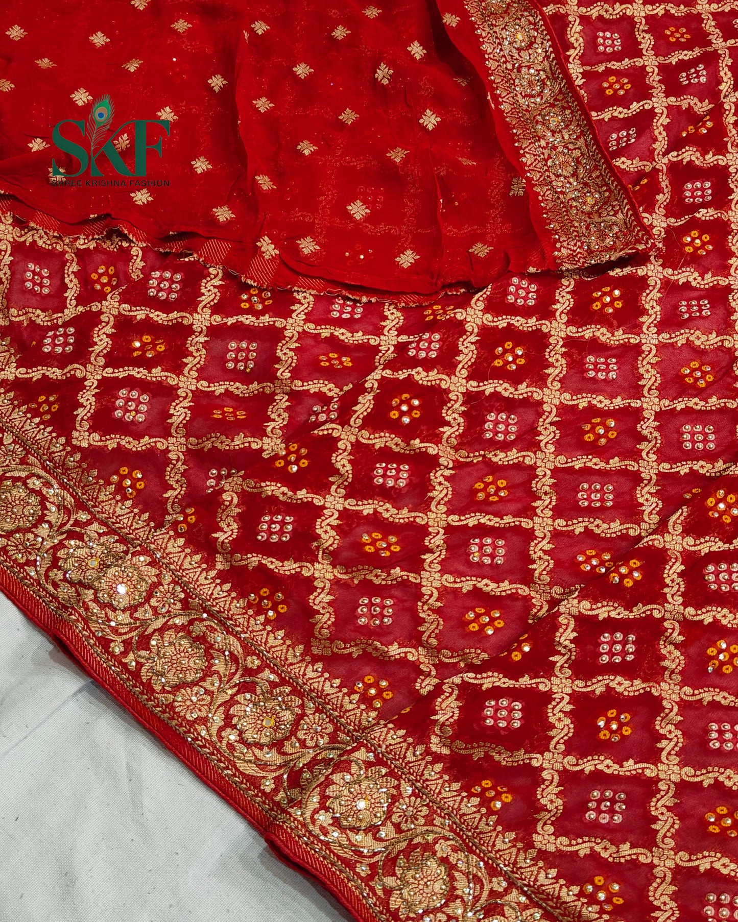 KHADI NEEM JARI GEORGETTE BHANDHANI STONE ZARDOZI HANDWORK SAREE BY SKFBHOLUBHAI