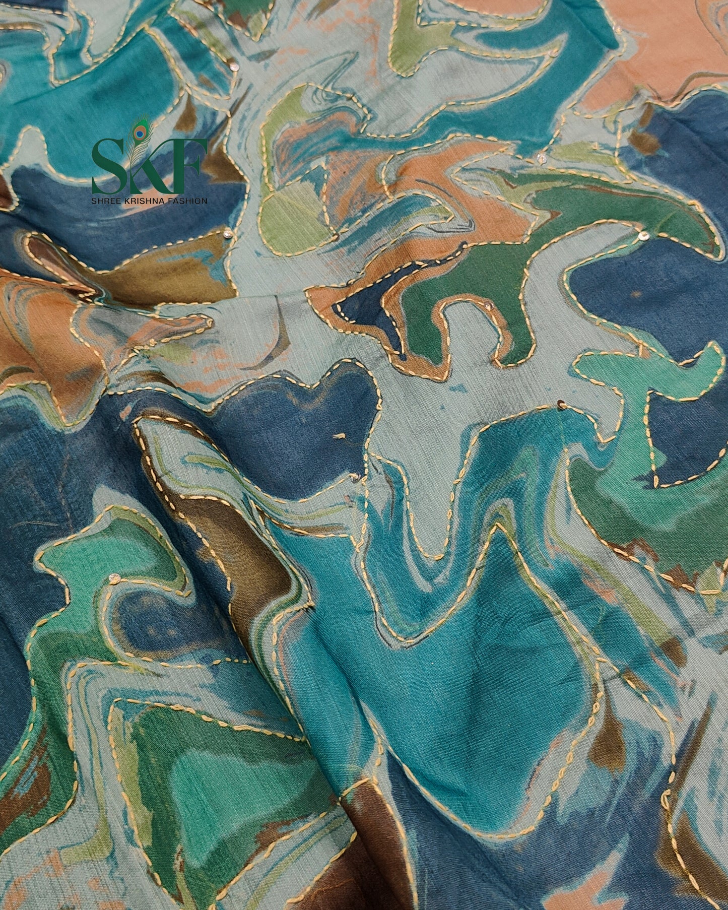 CHANDERI COTTON BRUSH PRINT KHATHA WORK TEAL BLUE SAREE BY SKFBHOLUBHAI