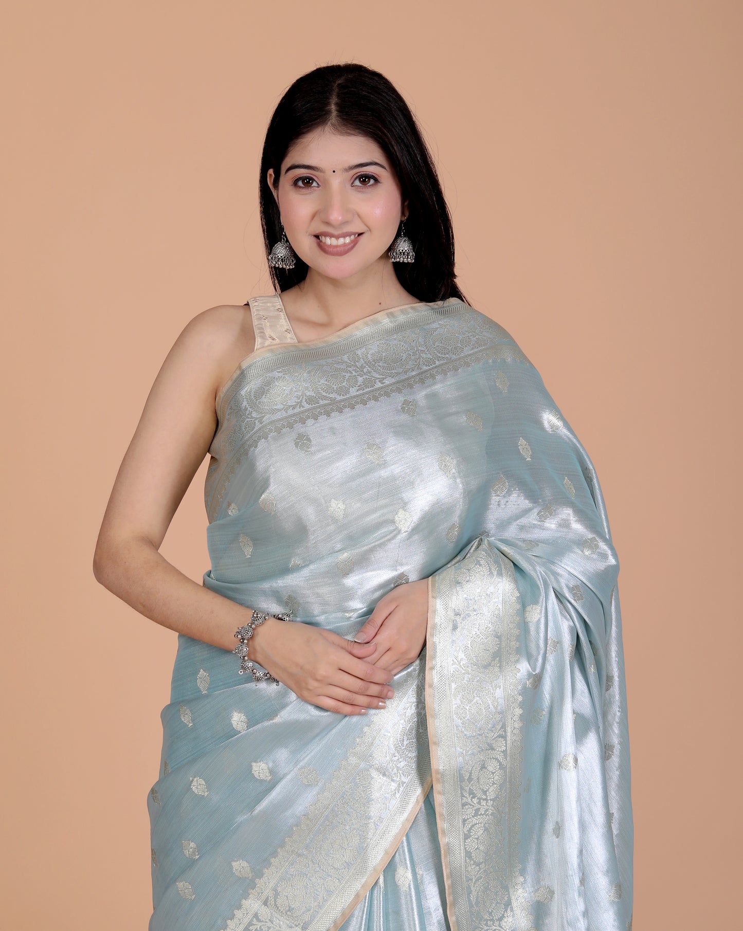 TISSUE SILK BUTTY WEAVING ICE BLUE SAREE BY SKFBHOLUBHAI