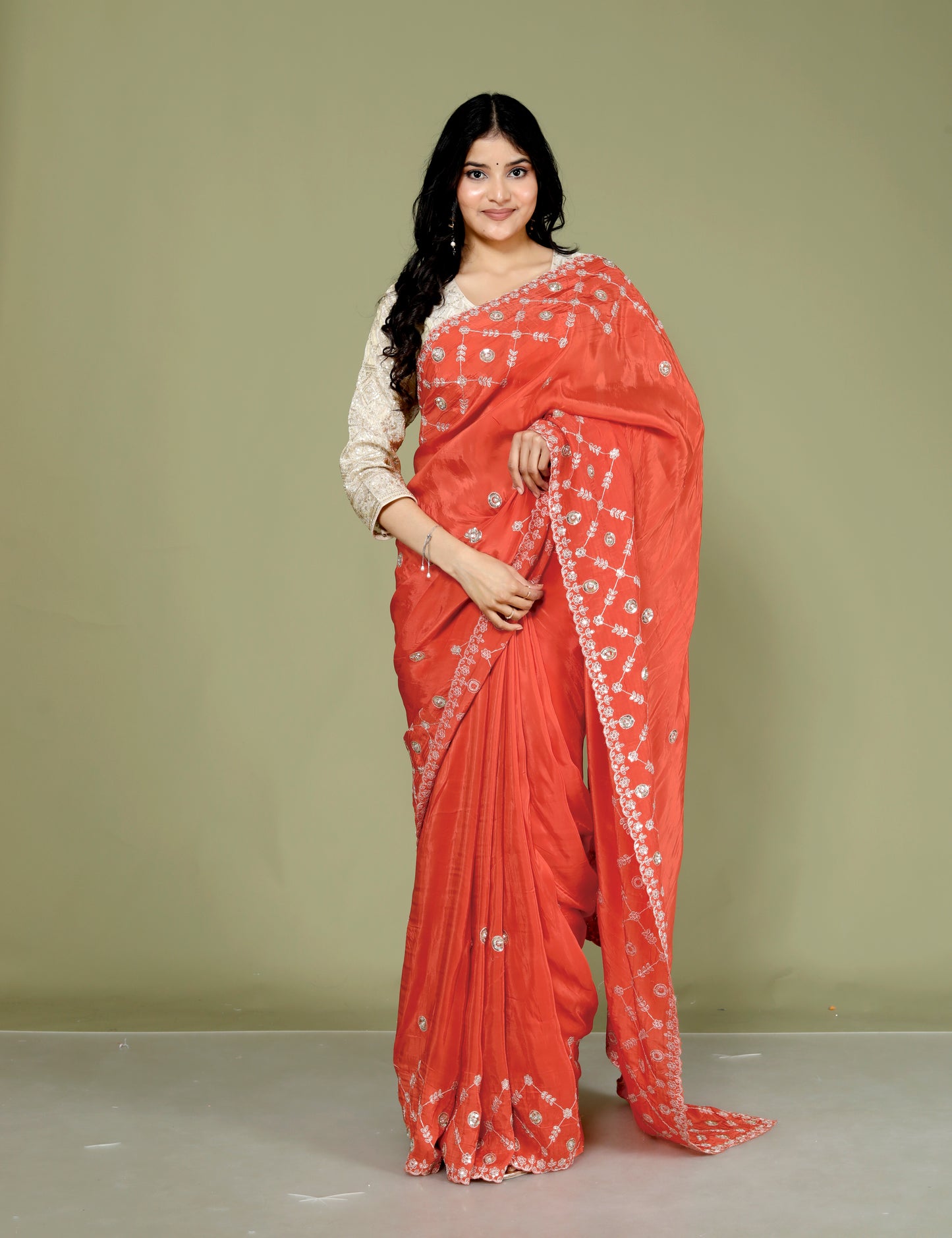 HO SILK ZARI EMBROIDERY BORDER WORK ORGNGE SAREE BY SKFBHOLUBHAI