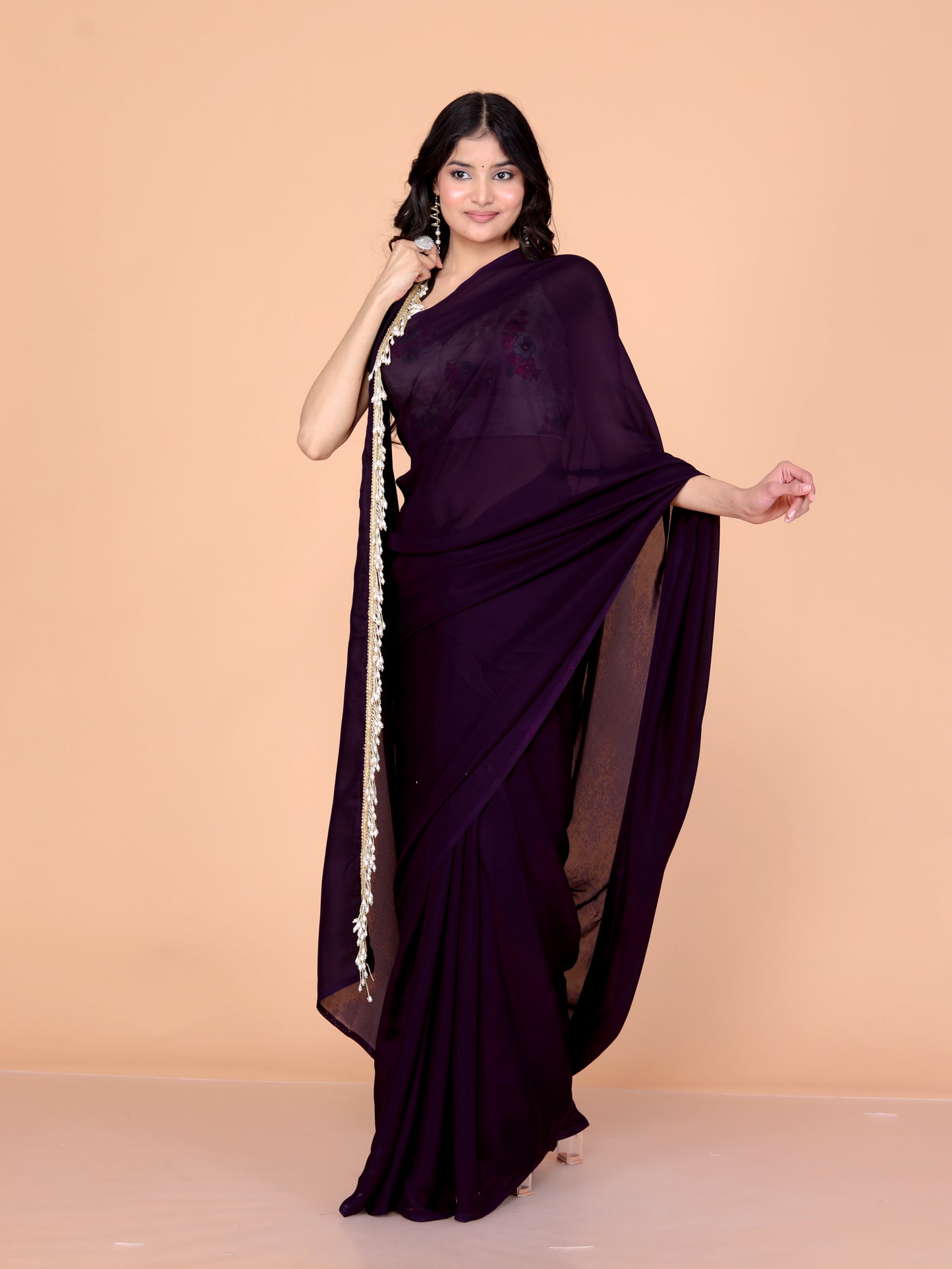 CREPE PLAIN TASSELS WORK PURPLE SAREE BY SKFBHOLUBHAI