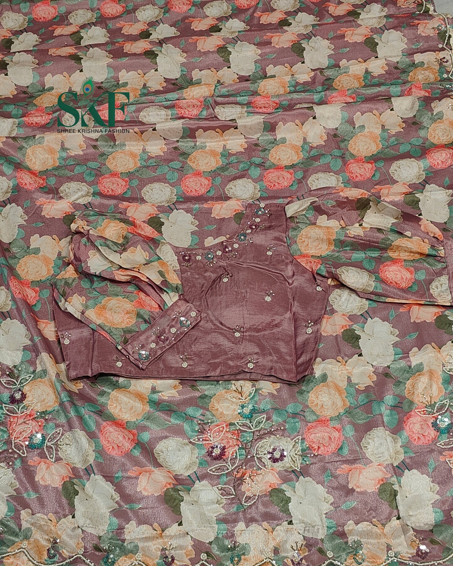 CHINON FLORAL DIGITAL PRINT HANDWORK LAVENDER SAREE BY SKFBHOLUBHAI