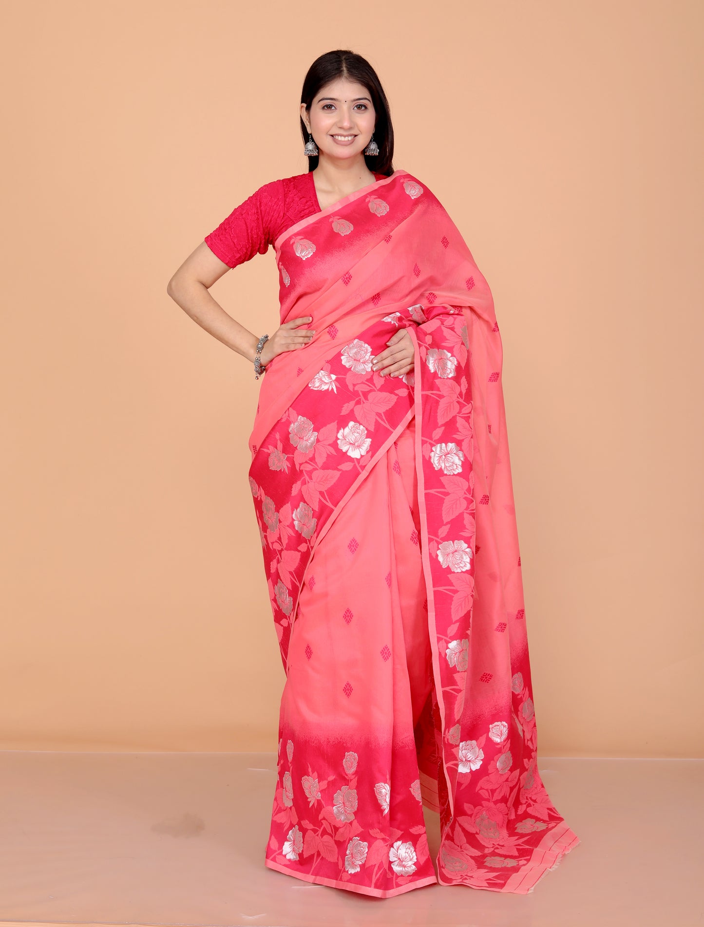 COTTON BLEND WEAVING RED PINK SAREE BY SKFBHOLUBHAI