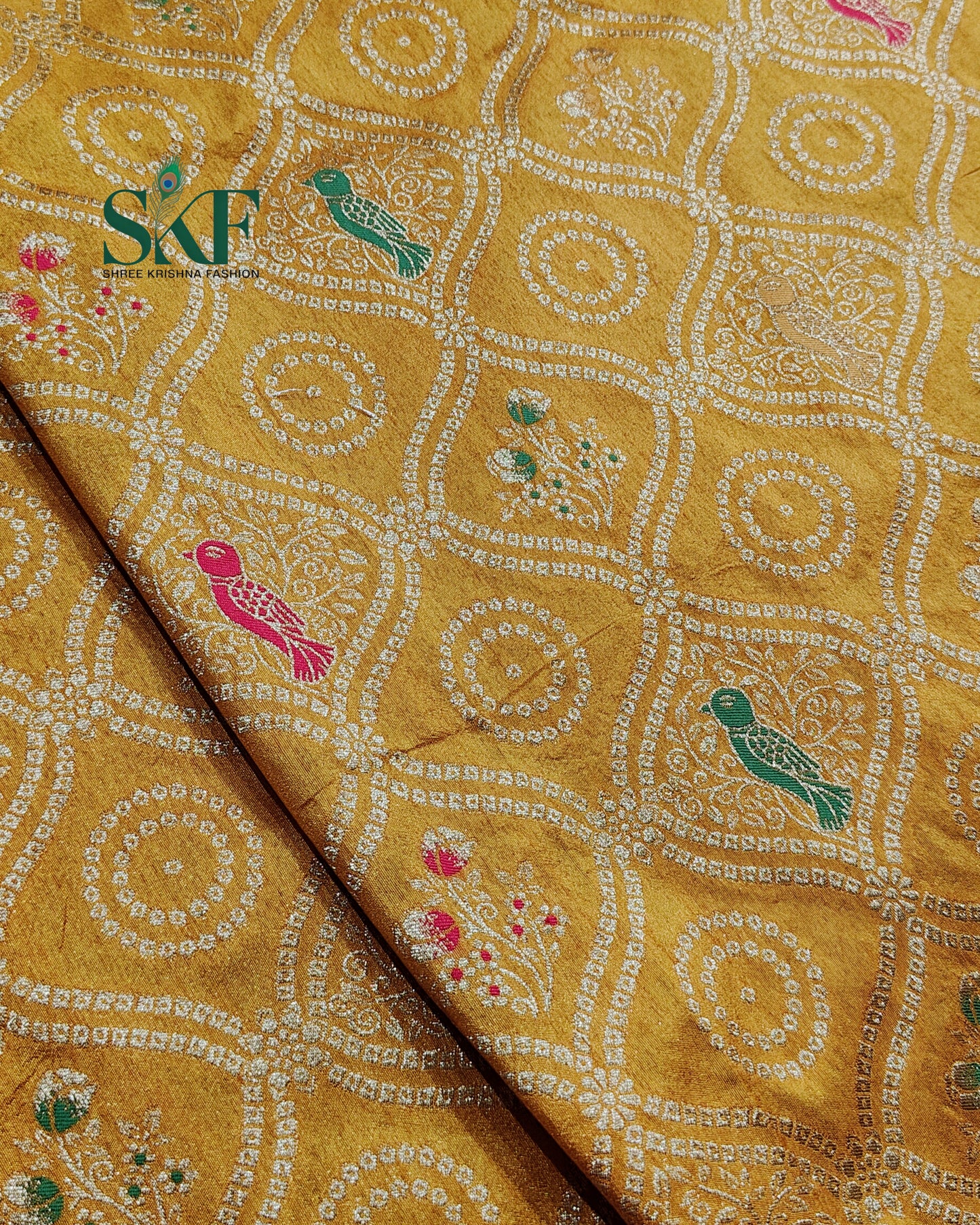 DOLA BANARSI WEAVING BHANDHANI HEAVY WORK BORDER YELLOW SAREE BY SKFBHOLUBHAI