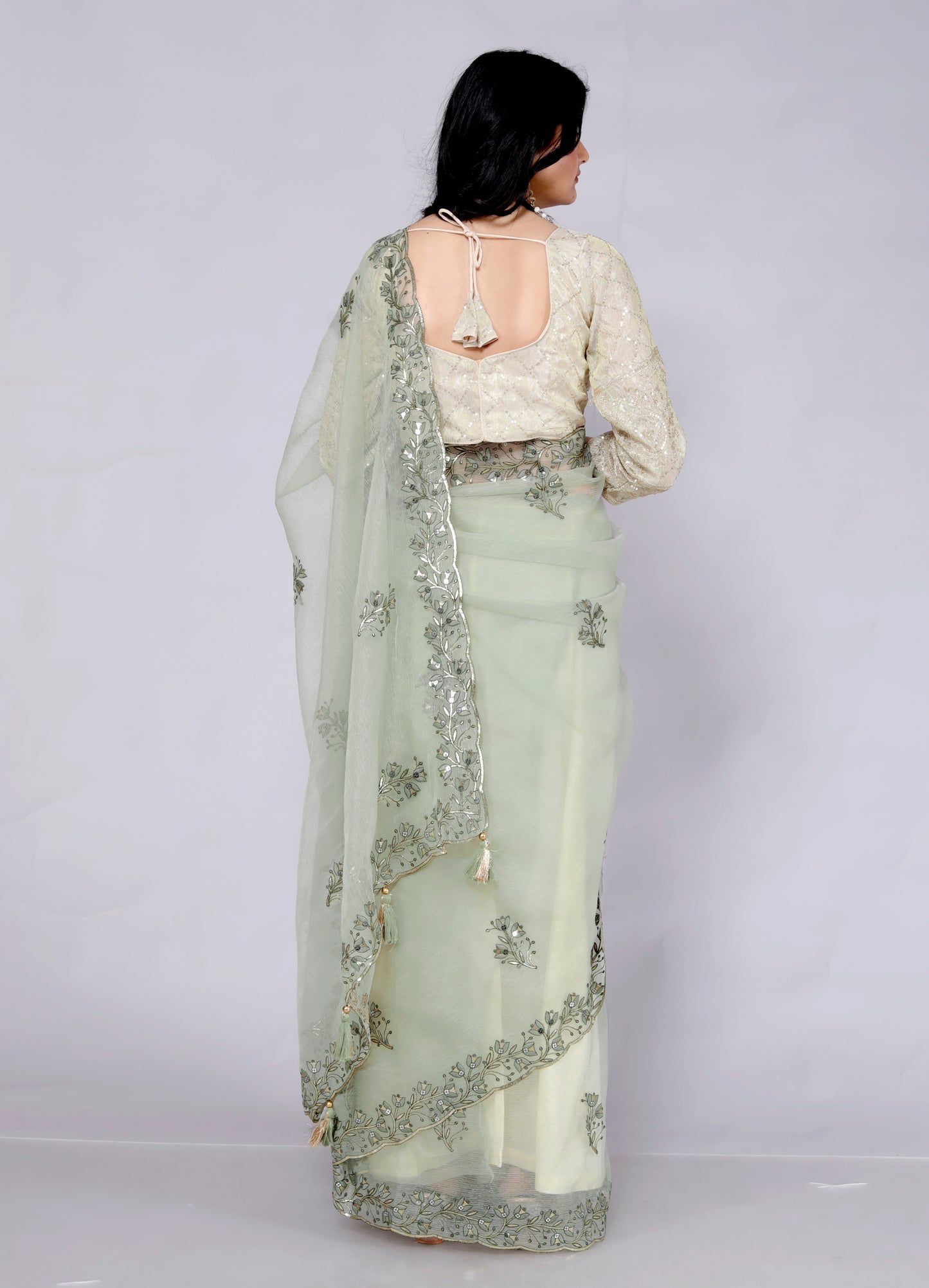 CHIFFON THREAD EMBROIDERY SAGE GREEN SAREE BY SKFBHOLUHAI