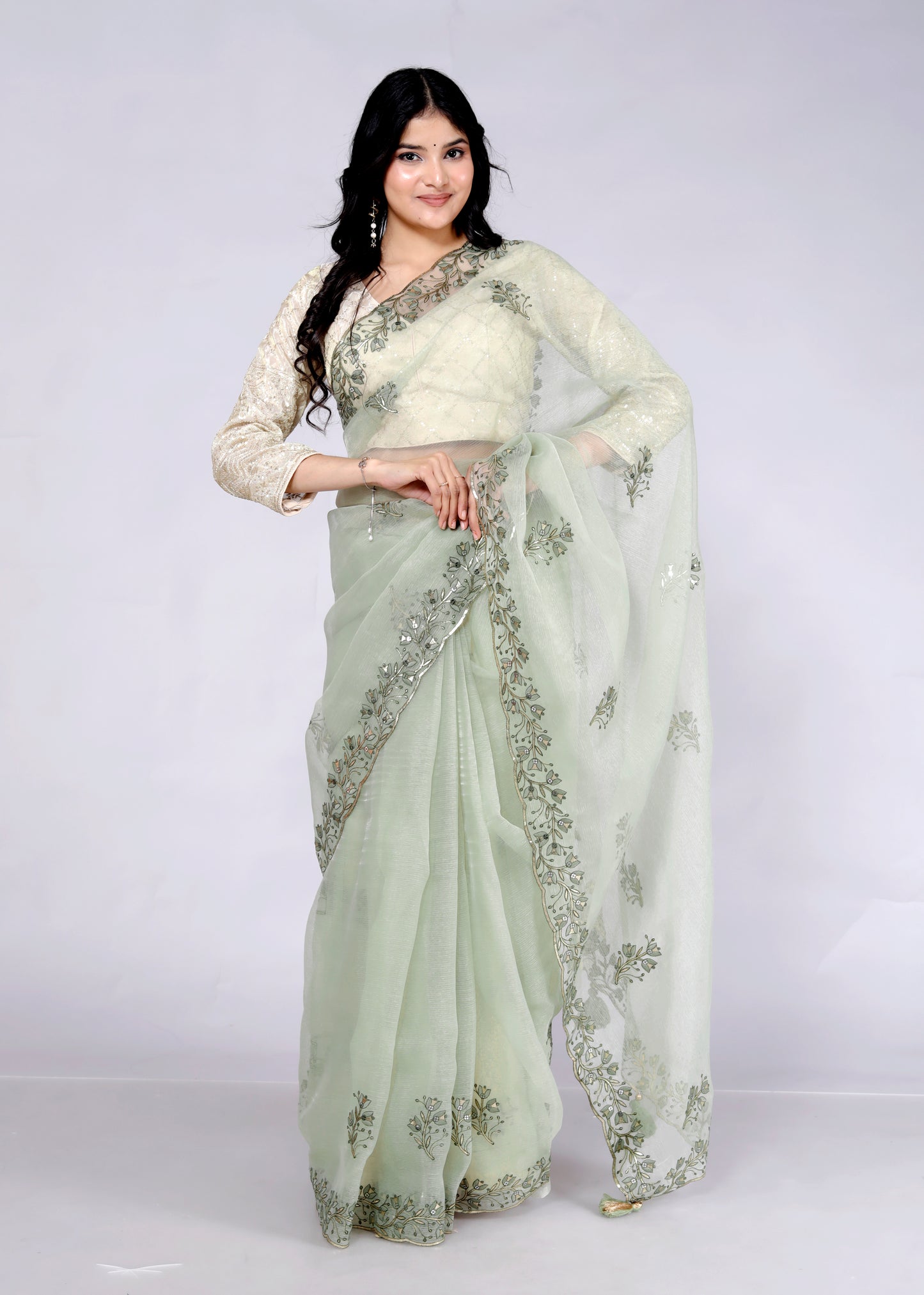 CHIFFON THREAD EMBROIDERY SAGE GREEN SAREE BY SKFBHOLUHAI