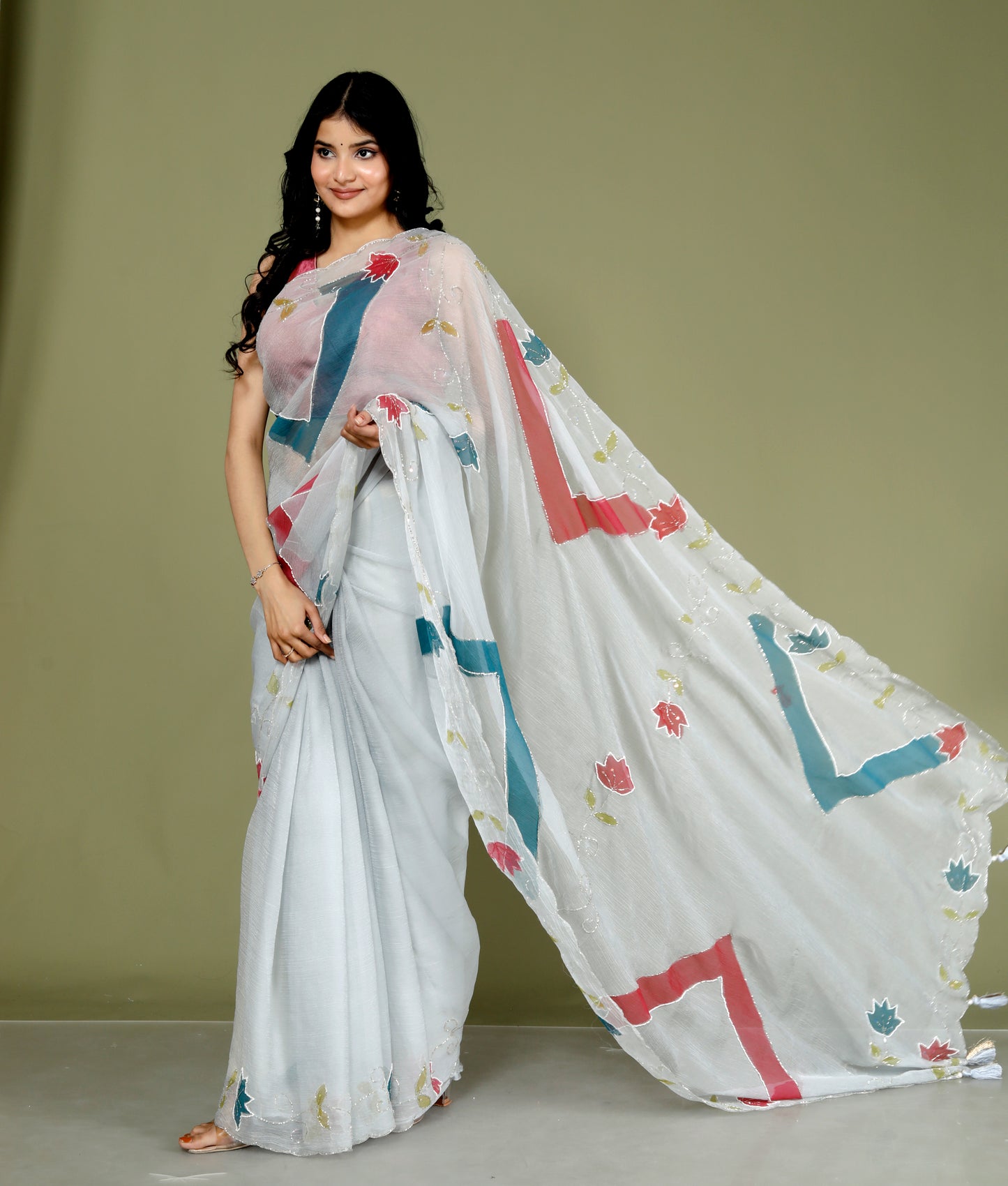 CHIFFON HAND PAINTED HANDWORK GREY SAREE BY SKFBHOLUBHAI