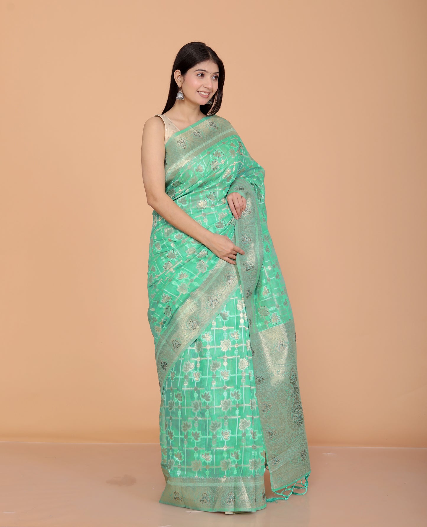 SILK WEAVING SEROSKI WORK SEE GREEN SAREE BY SKFBHOLUBHAI