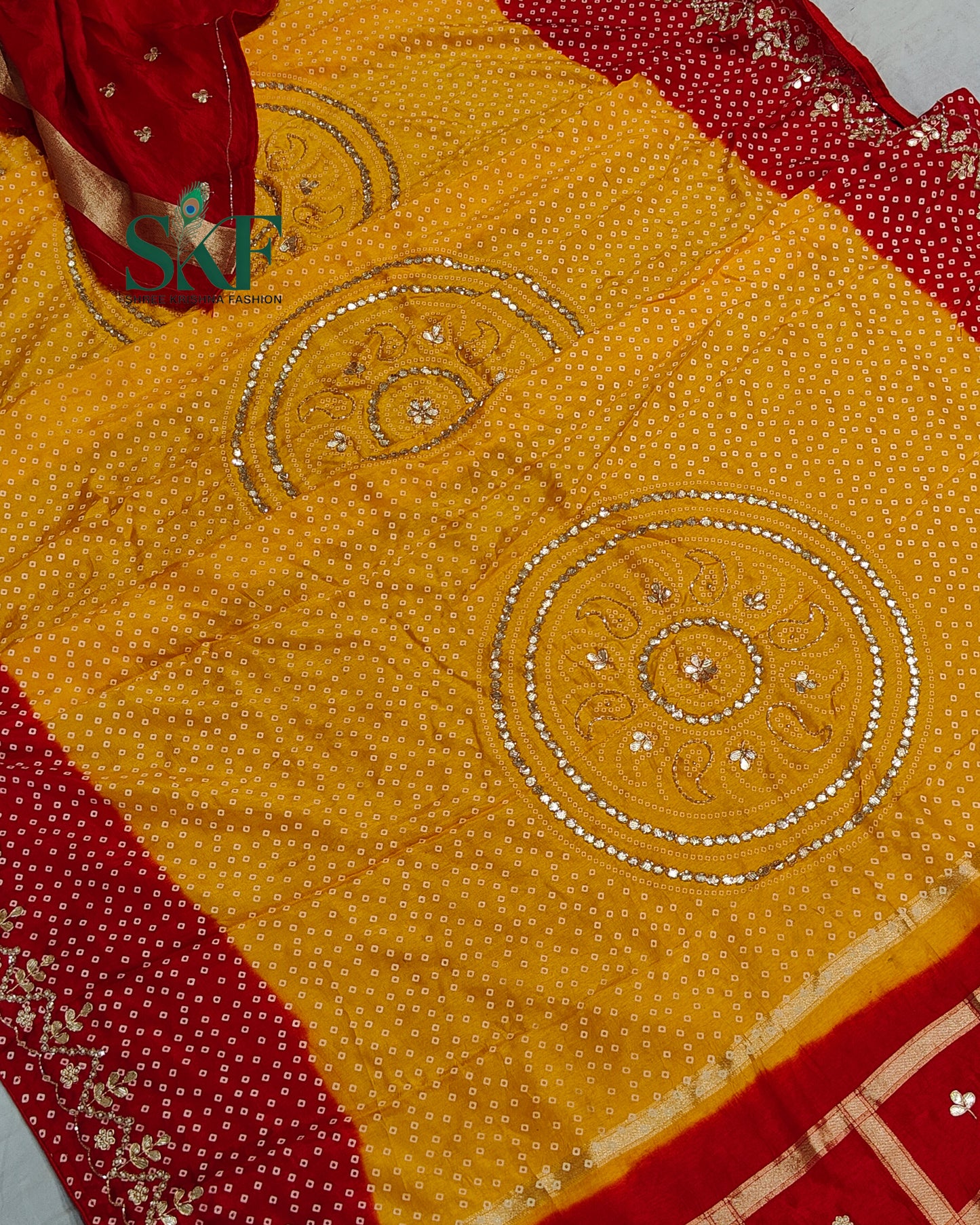RUSSIAN SILK CHAKRA BHANDHANI GOTTA HANDWORK RED&YELLOW SAREE BY SKFBHOLUBHAI