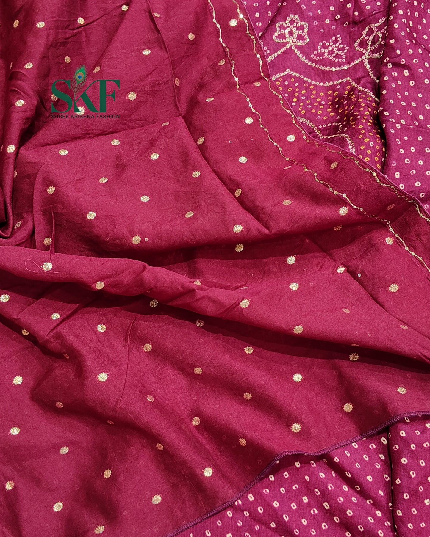 HO SILK BHANDHANI PEACOCK MOTIF AARI AND SEQUENCE WORK WINE SAREE BY SKFBHOLUBHAI
