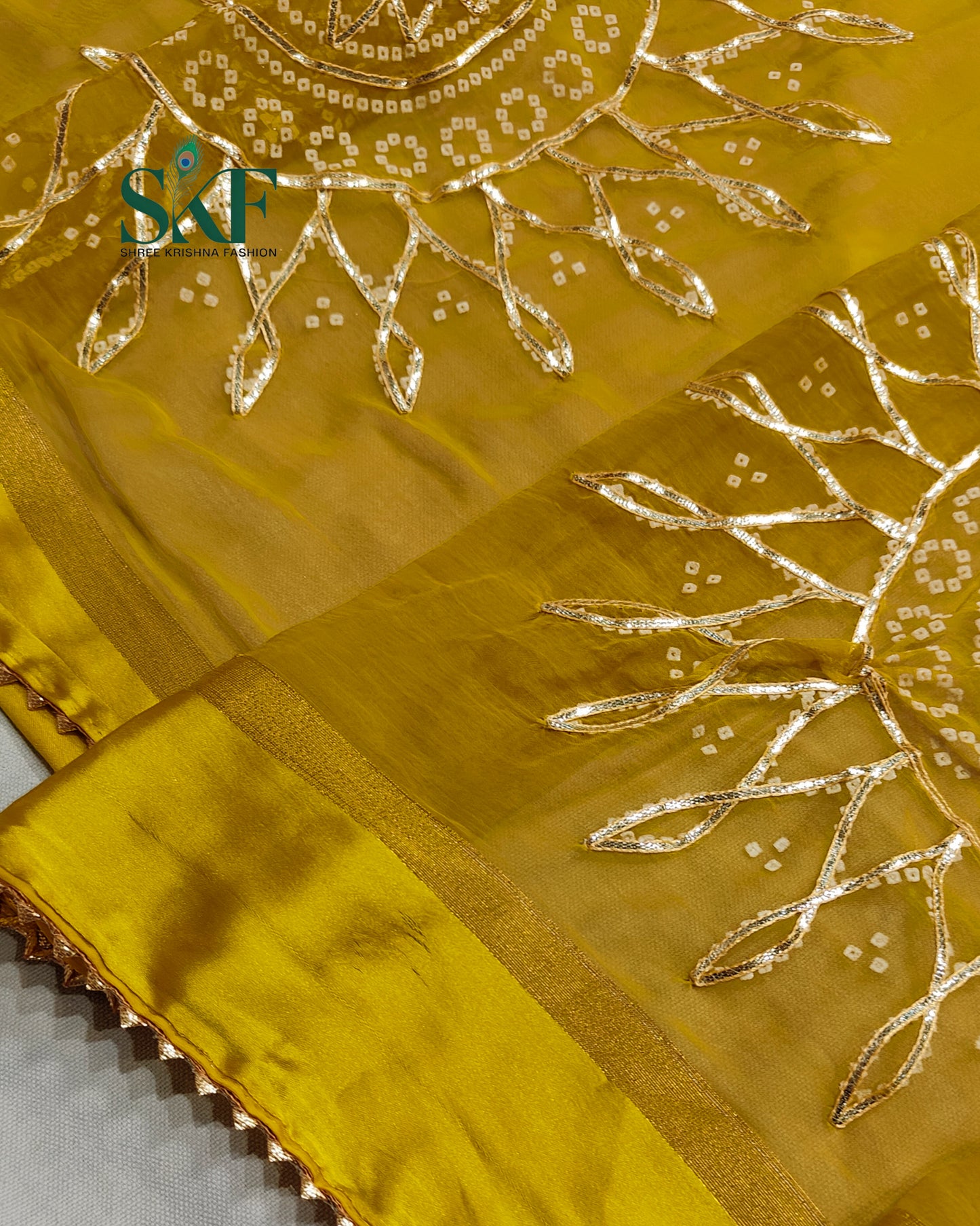 DIAMOND CHIFFON BHANDHANI KACHAGOTTA WORK MEHNDI GREEN SAREE BY SKFBHOLUBHAI