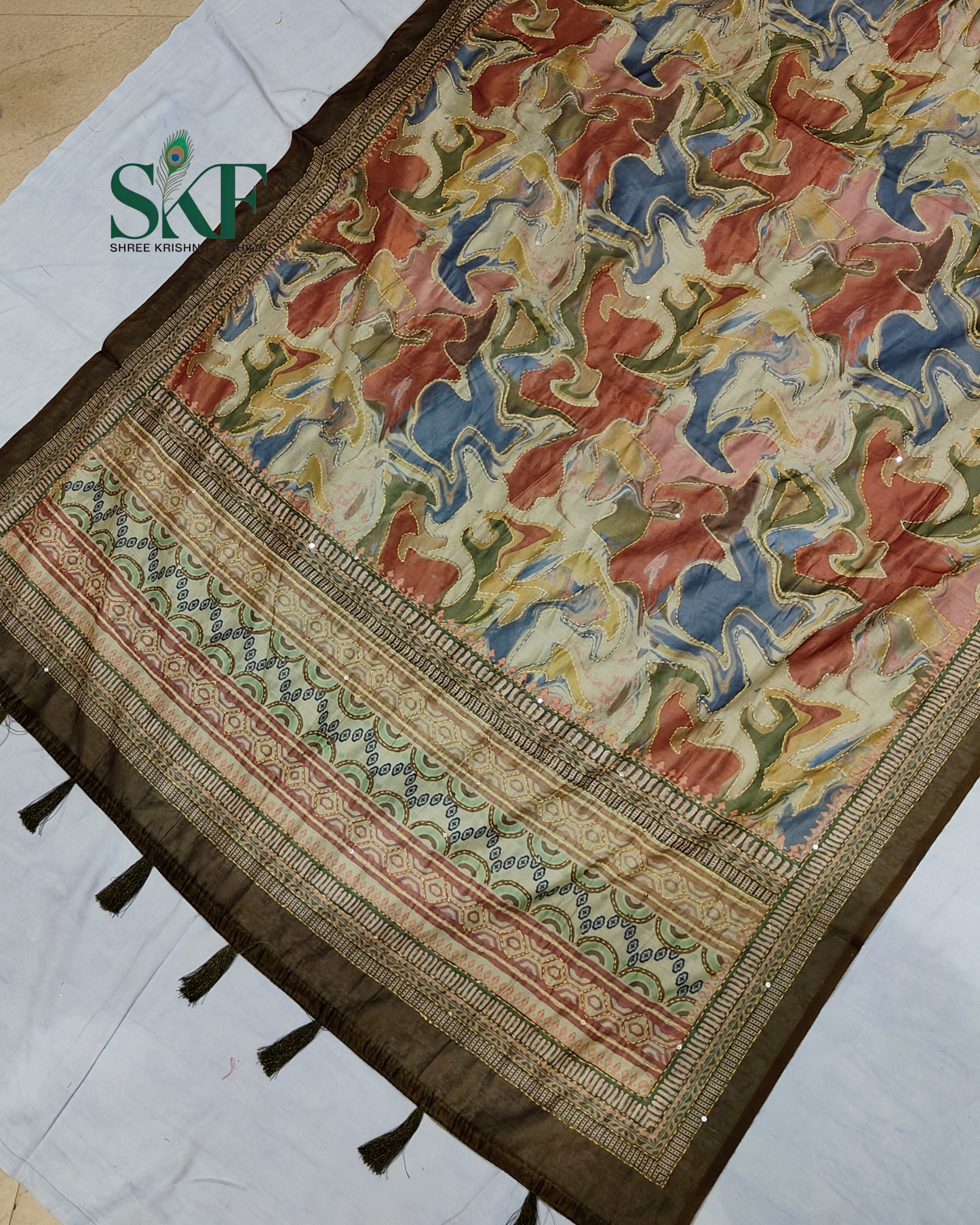 CHANDERI COTTON BRUSH PRINT KHATHA WORK BROWN SAREE BY SKFBHOLUBHAI