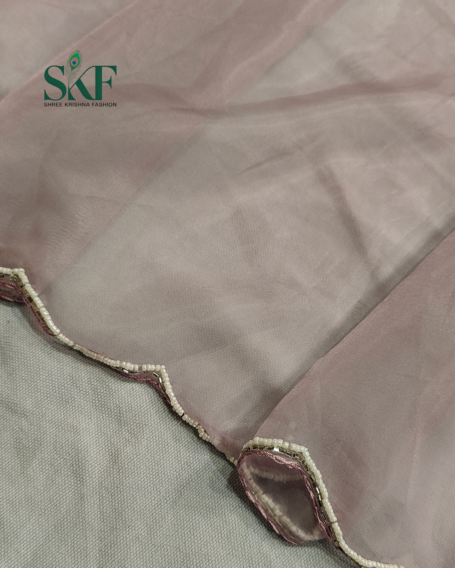 GLASS TISSUE BRUSH PRINT PERAL HANDWORK LIALAC SAREE BY SKFBHOLUBHAI