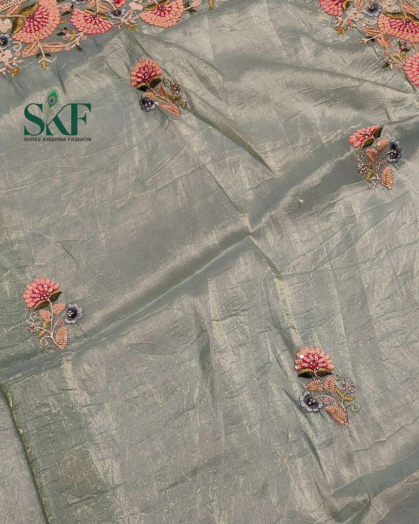 CRUSH TISSUE SIPPI SEQUENCE EMBROIDERY WORK SEEGREEN SAREE BY SKFBHOLUBHAI