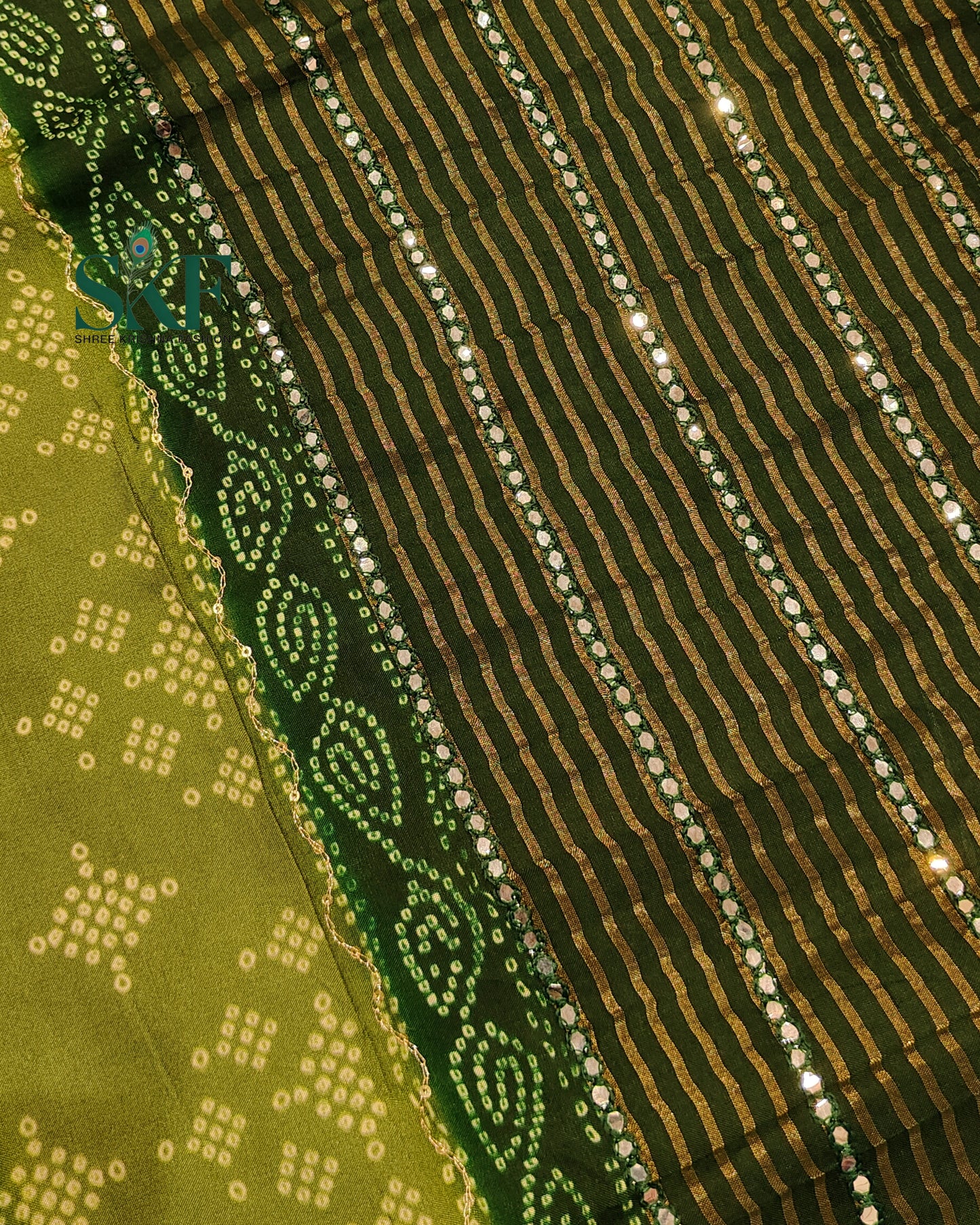HO SILK BHANDHANI MIRROR WORK TWO TONE BOTTLE GREEN AND MEHNDI GREEN SAREE BY SKFBHOLUBHAI