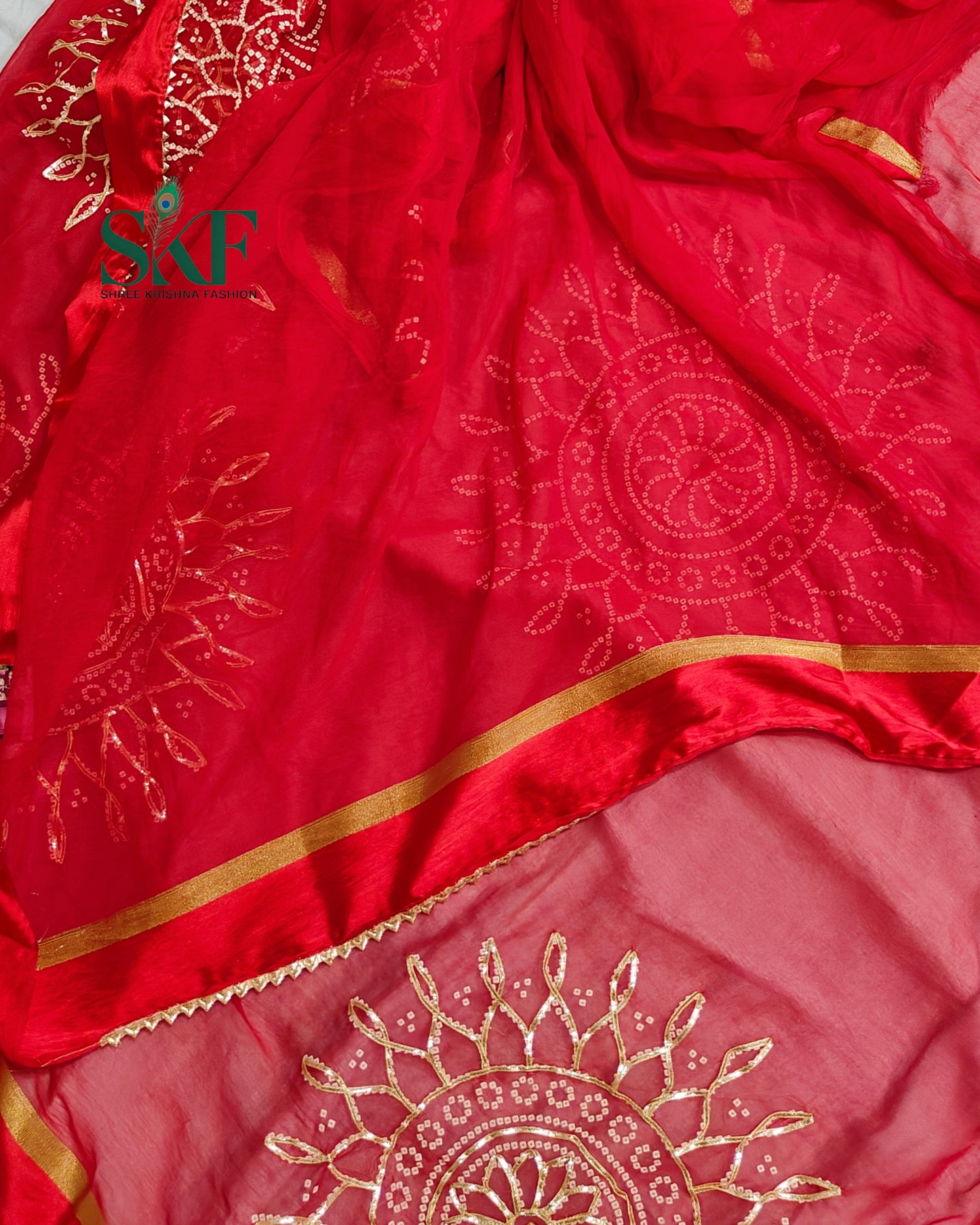 DIAMOND CHIFFON BHANDHANI KACHAGOTTA WORK RED SAREE BY SKFBHOLUBHAI
