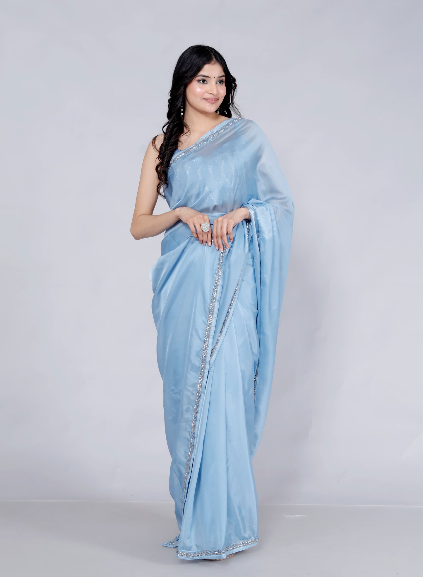 SATIN SILK HANDWORK BORDER STICH BLOUSE ICE BLUE SAREE BY SKFBHOLUBHAI