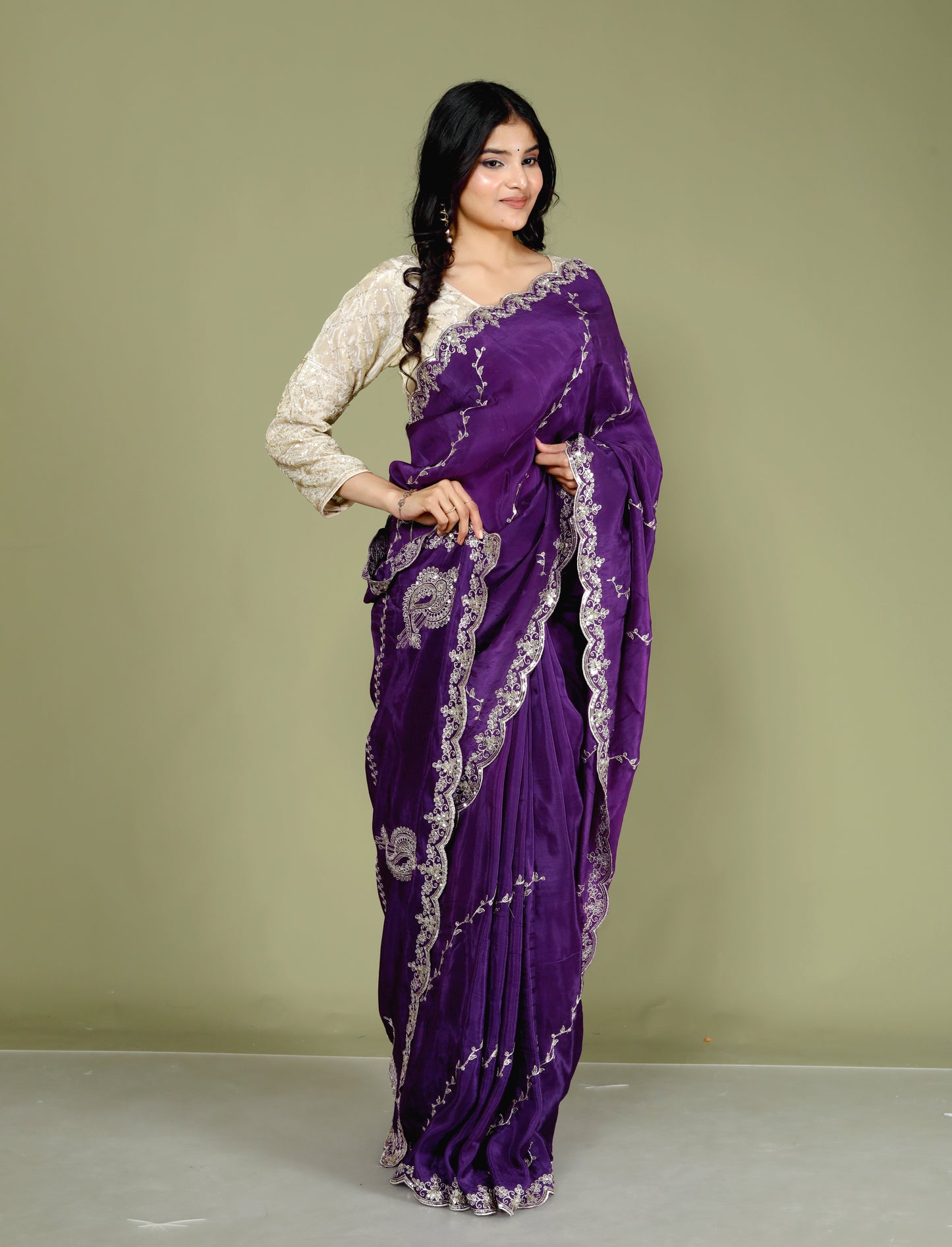 HO SILK ZARI SEQUENCE EMBROIDERY RICH PURPLE SAREE BY SKFBHOLUBHAI