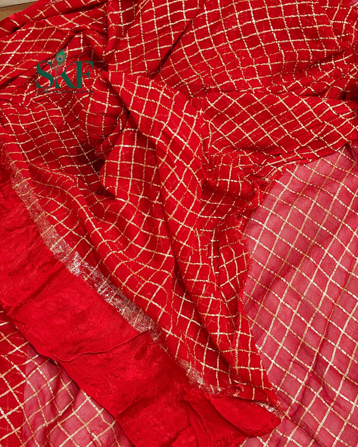 VISCOSS GEORGETTE AARI GOTTA CHEKERD SATIN BORDER WORK RED SAREE BY SKFBHOLUBHAI