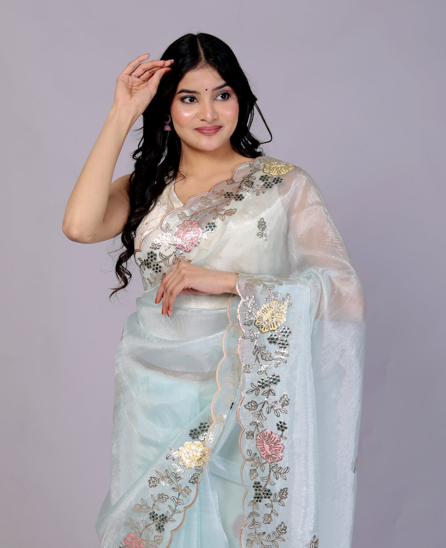 GLOSSY ORGANZA MULTI ZARI EMBROIDERY SKY BLUE SAREE BY SKFBHOLUBHAI