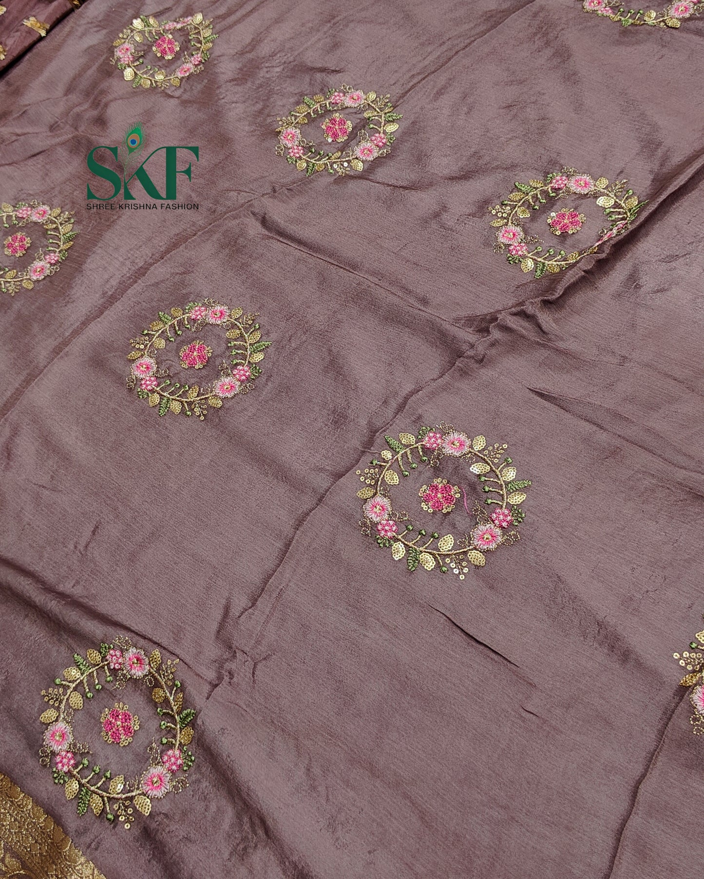 CHINON SEQUENCE EMBROIDERY WEAVING WORK LILAC SAREE BY SKFBHOLUBHAI
