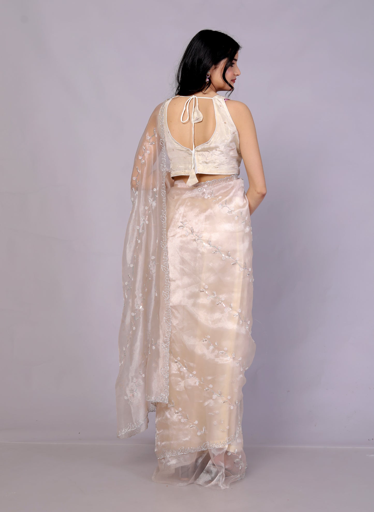 GLOSSY ORGANZA BEATS HANDWORK JAAL IVORY GOLD SAREE BY SKFBHOLUBHAI